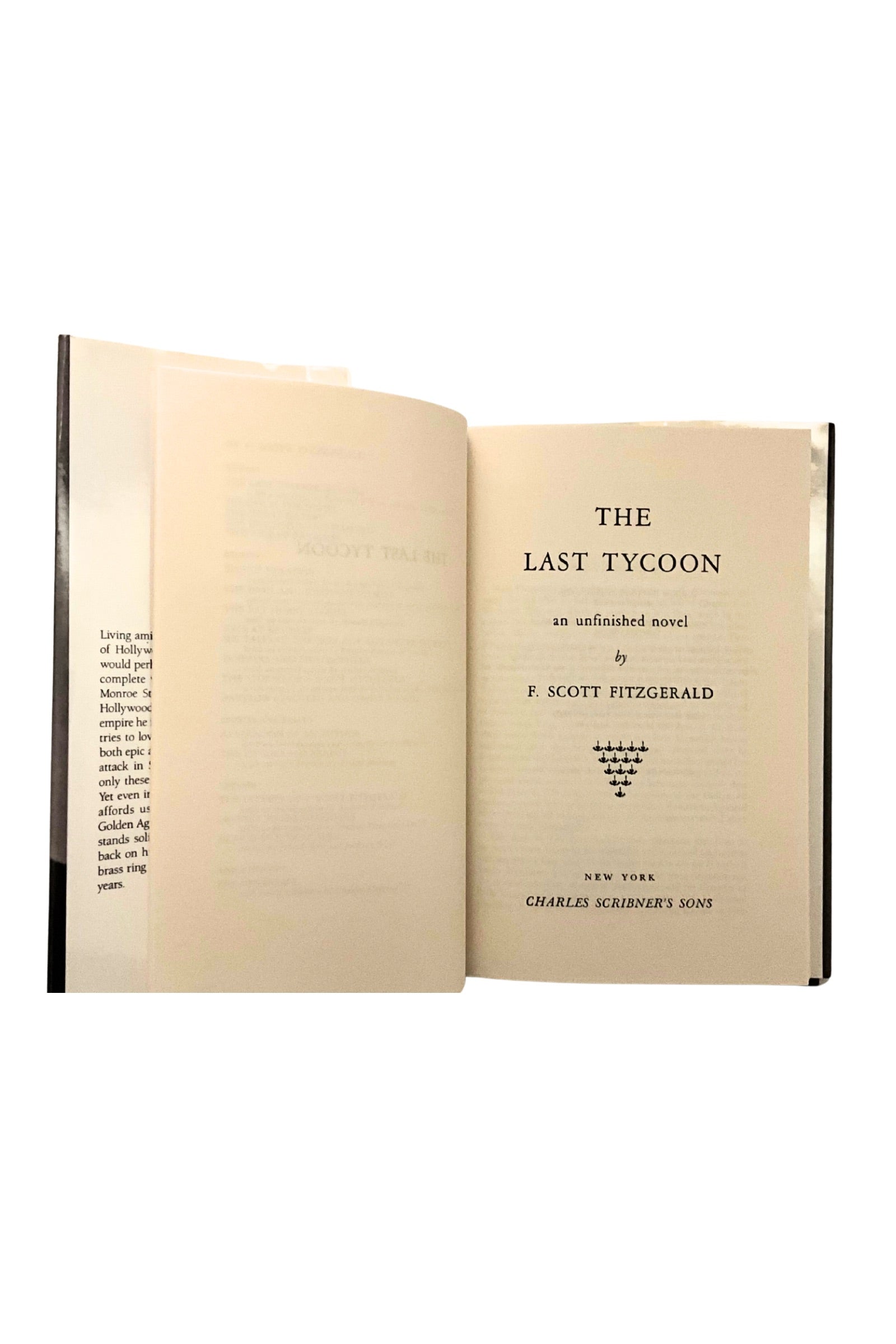 Open book titled 'The Last Tycoon' by F. Scott Fitzgerald on a white background
