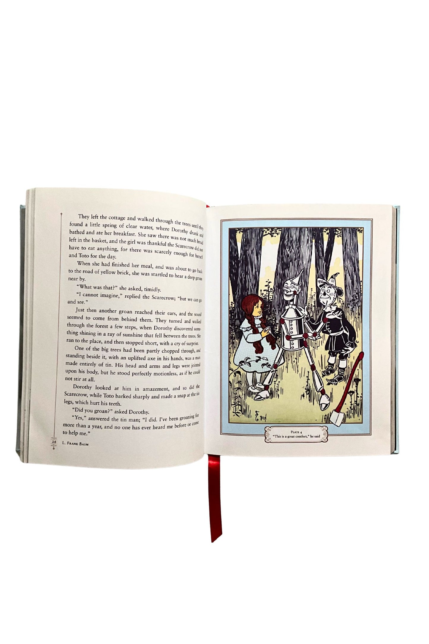 Open book with illustrations and text on a white background
