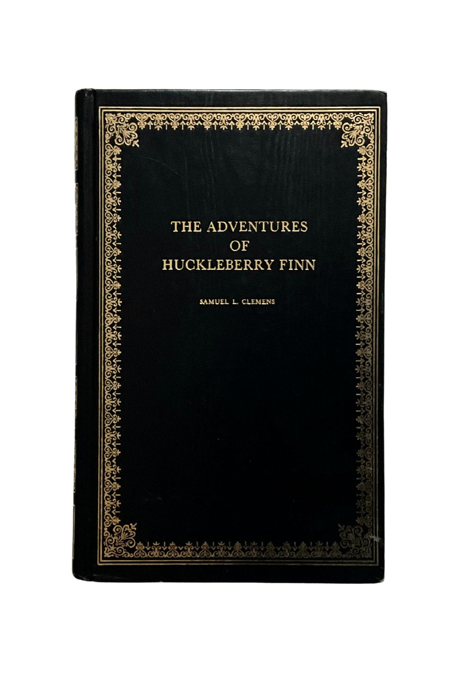 Black book cover of 'The Adventures of Huckleberry Finn' with gold decorative elements on a white background