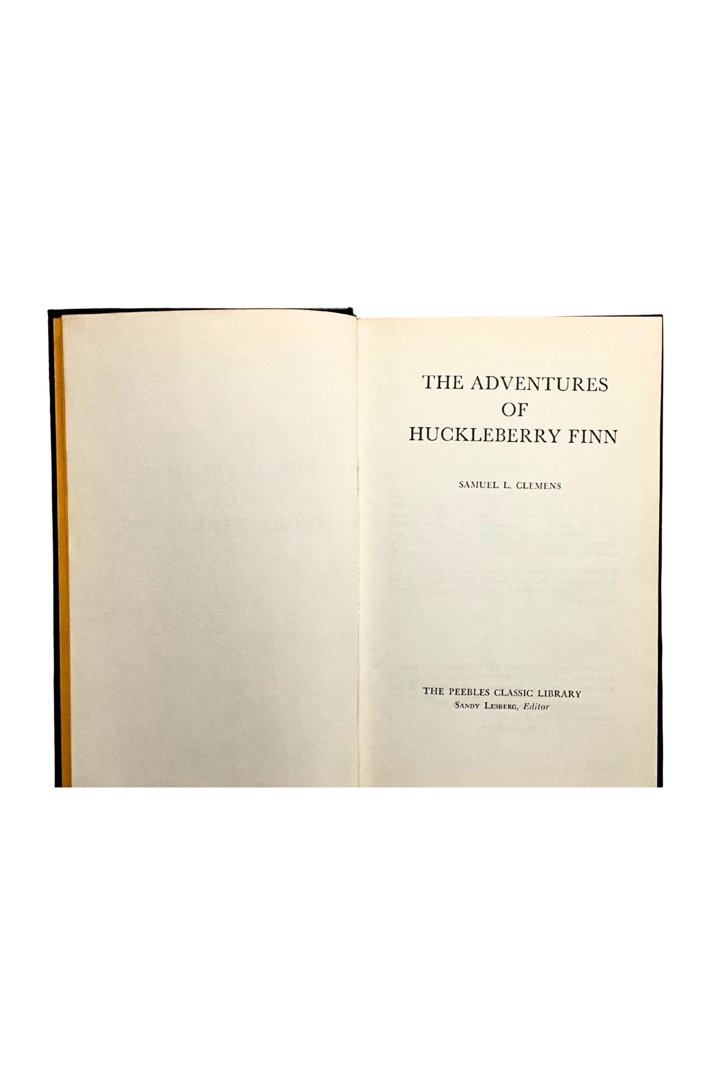 Open book  showing the title ‘The Adventures of Huckleberry Finn' on a white background
