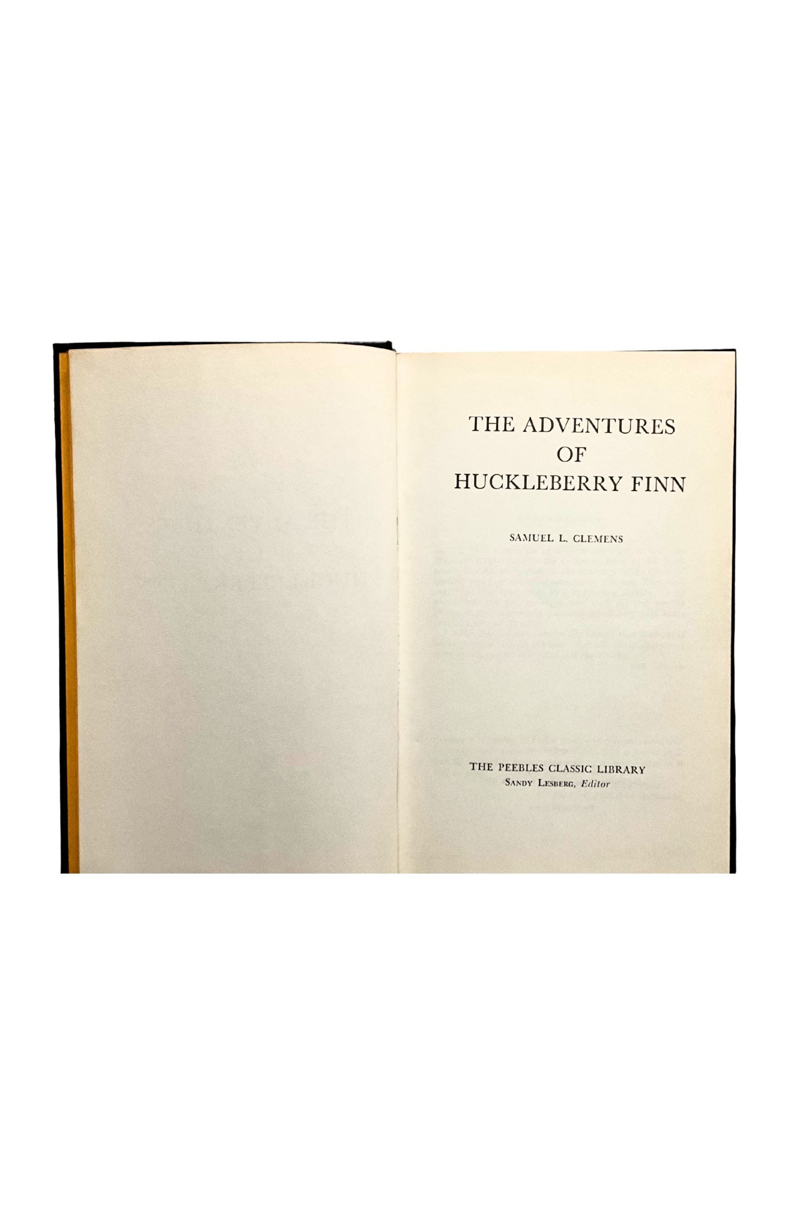 Open book  showing the title ‘The Adventures of Huckleberry Finn' on a white background