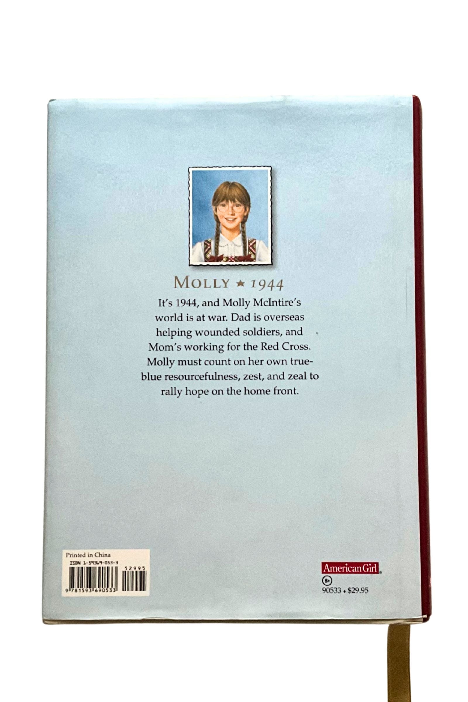 Back cover of a book with text and a portrait of a girl on a light blue background