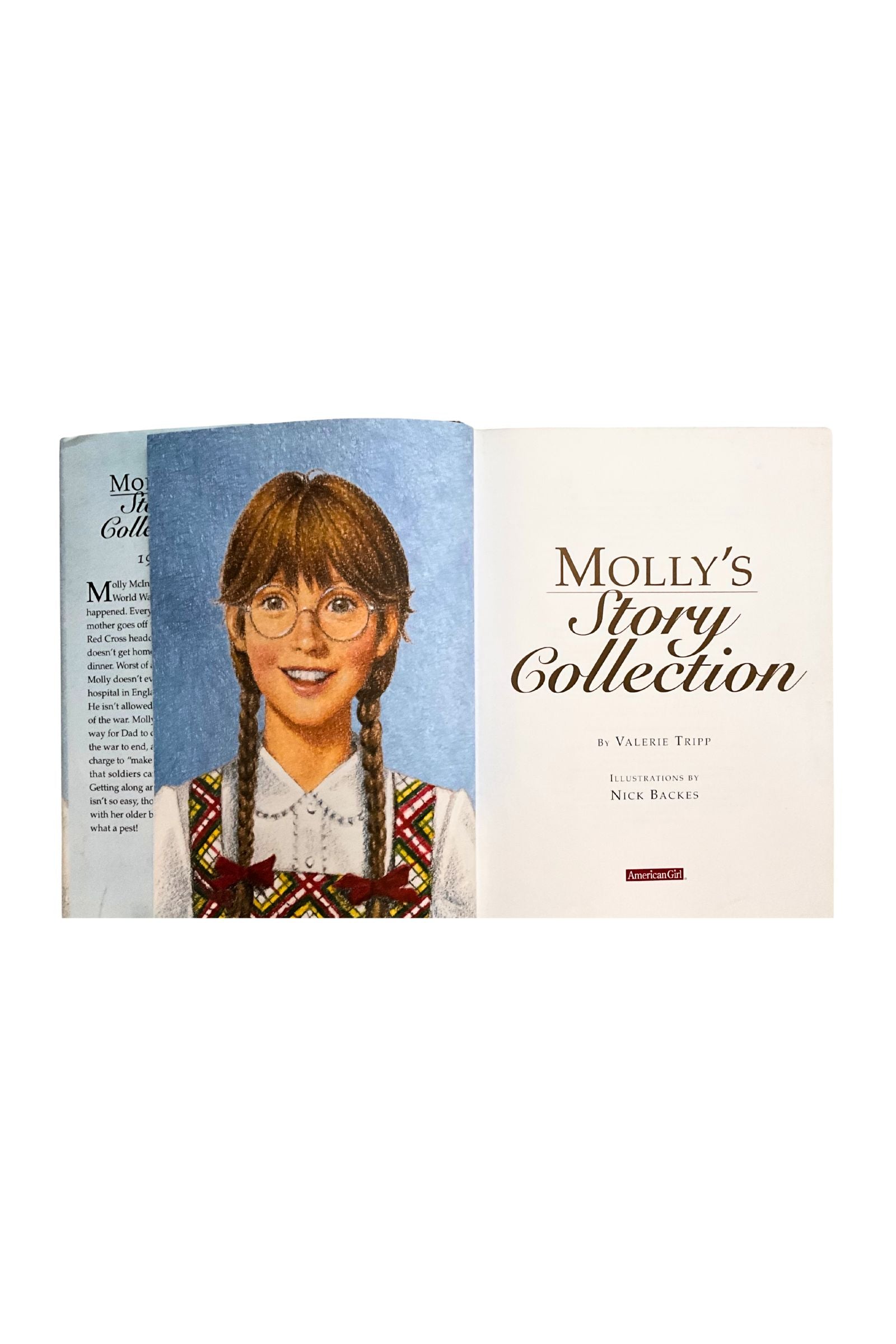 Open book showing the  title 'Molly's Story Collection' and an illustration of a girl.