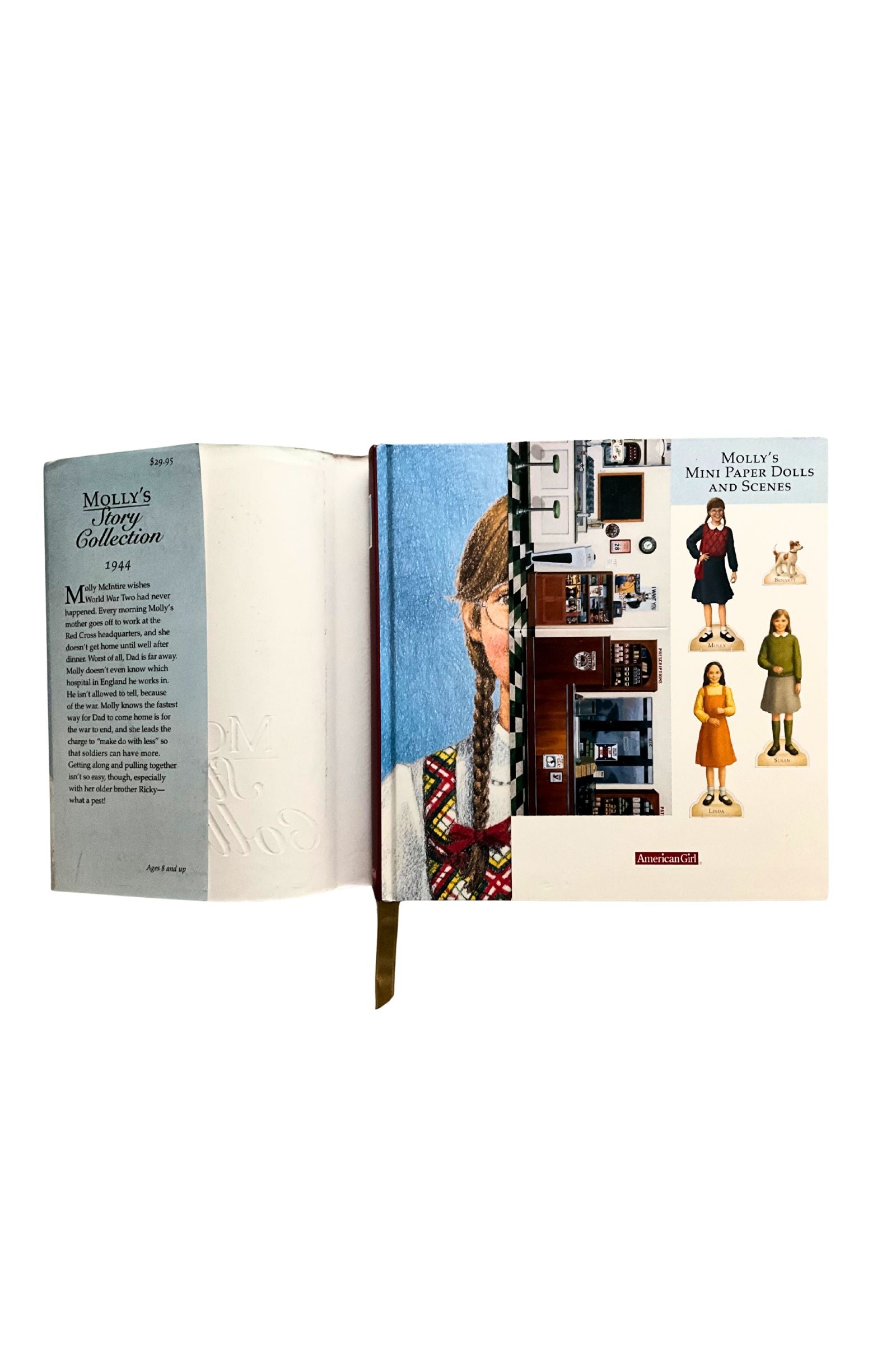 Open book with a cover featuring dolls and text on a white background