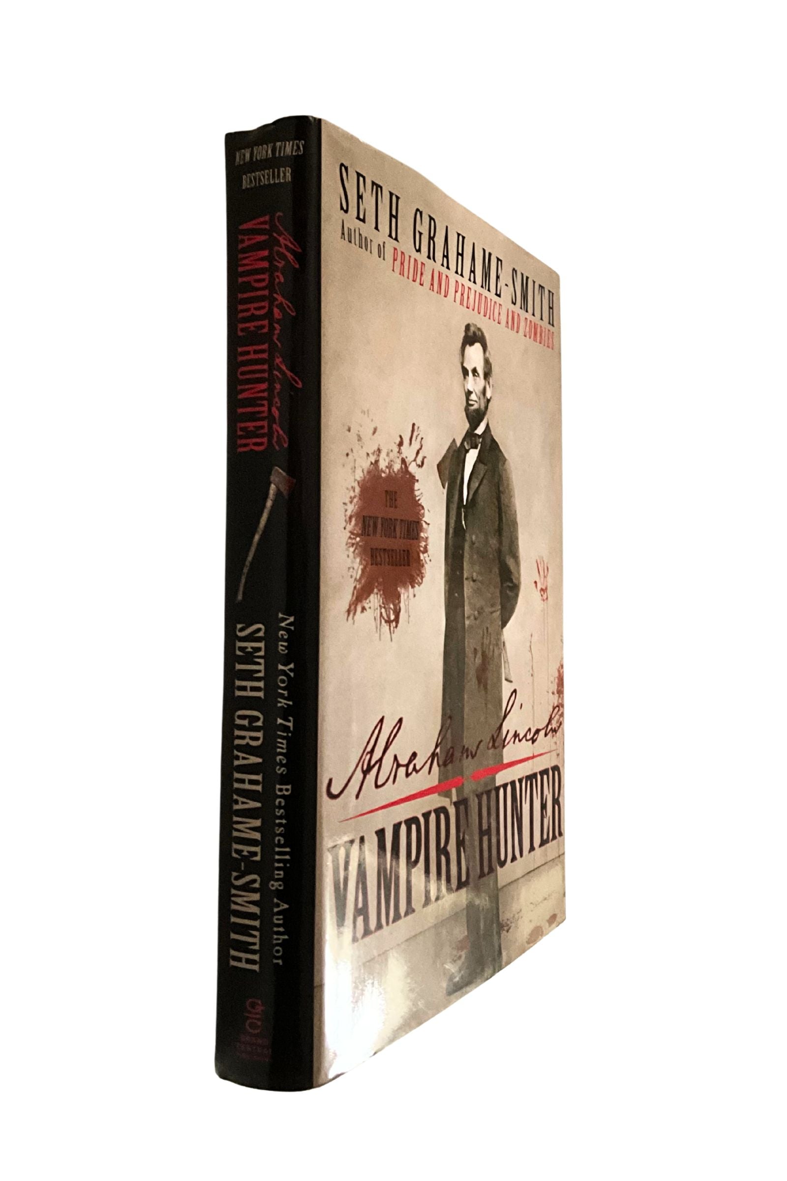 Book titled 'Vampire Hunter' by Seth Grahame-Smith on a white background. The angle of the book is showing the spine