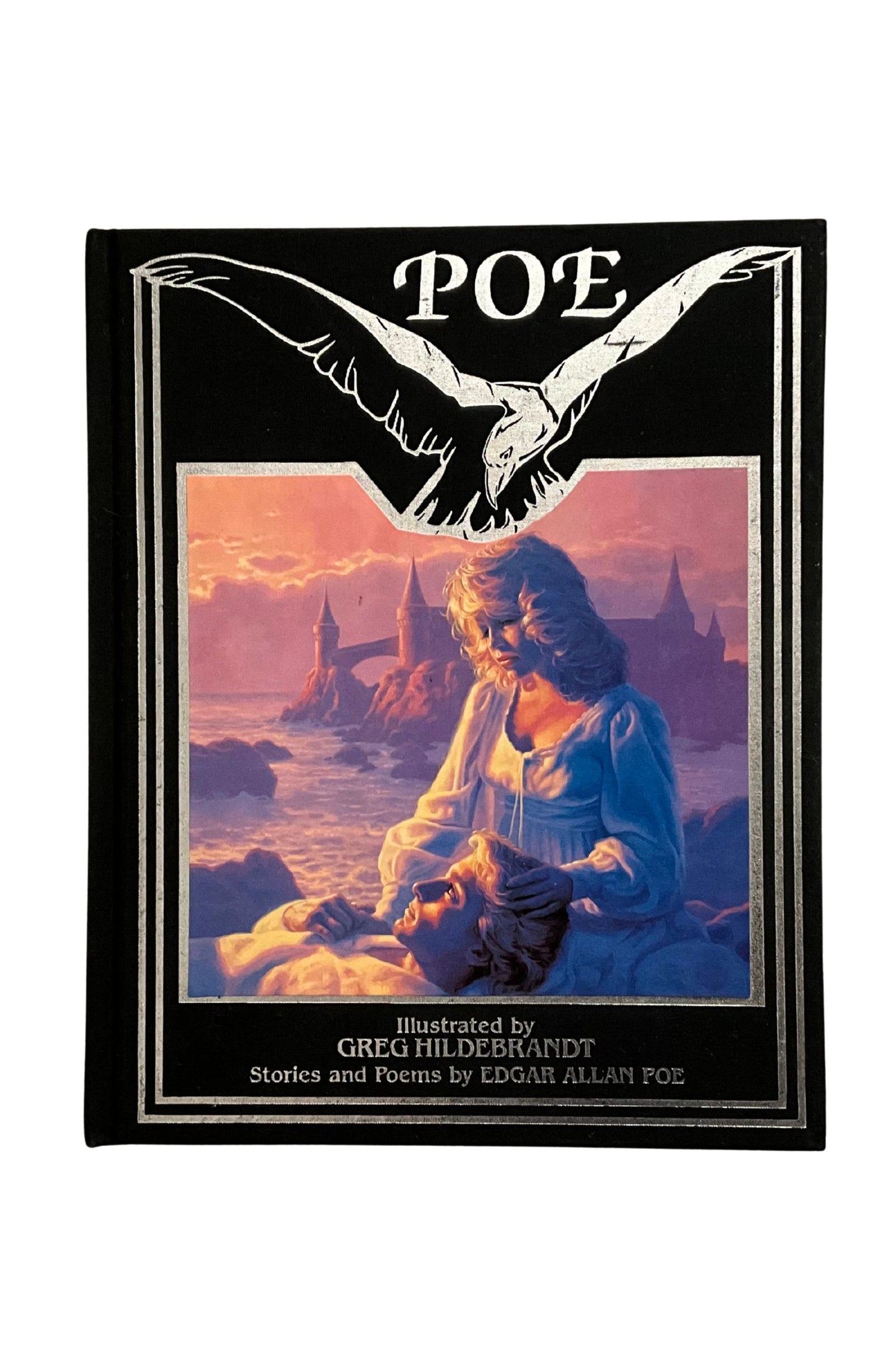 Book cover of 'POE' with a woman by a lake and an eagle, illustrated by Greg Hildebrandt.