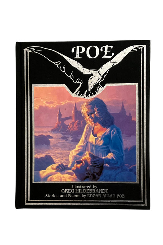 Book cover of 'POE' with a woman by a lake and an eagle, illustrated by Greg Hildebrandt.