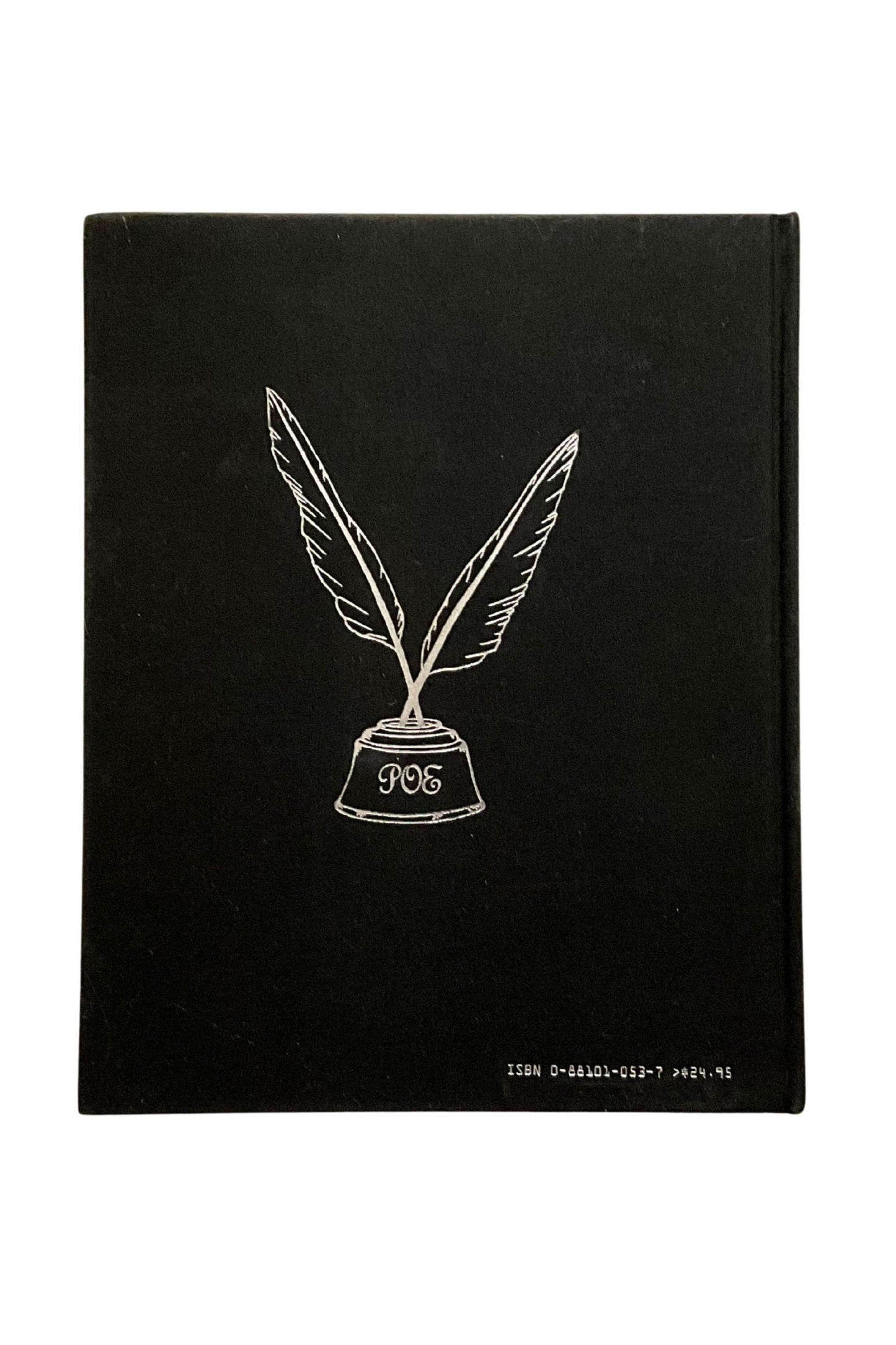 Black back cover with white feather quill design on a white background