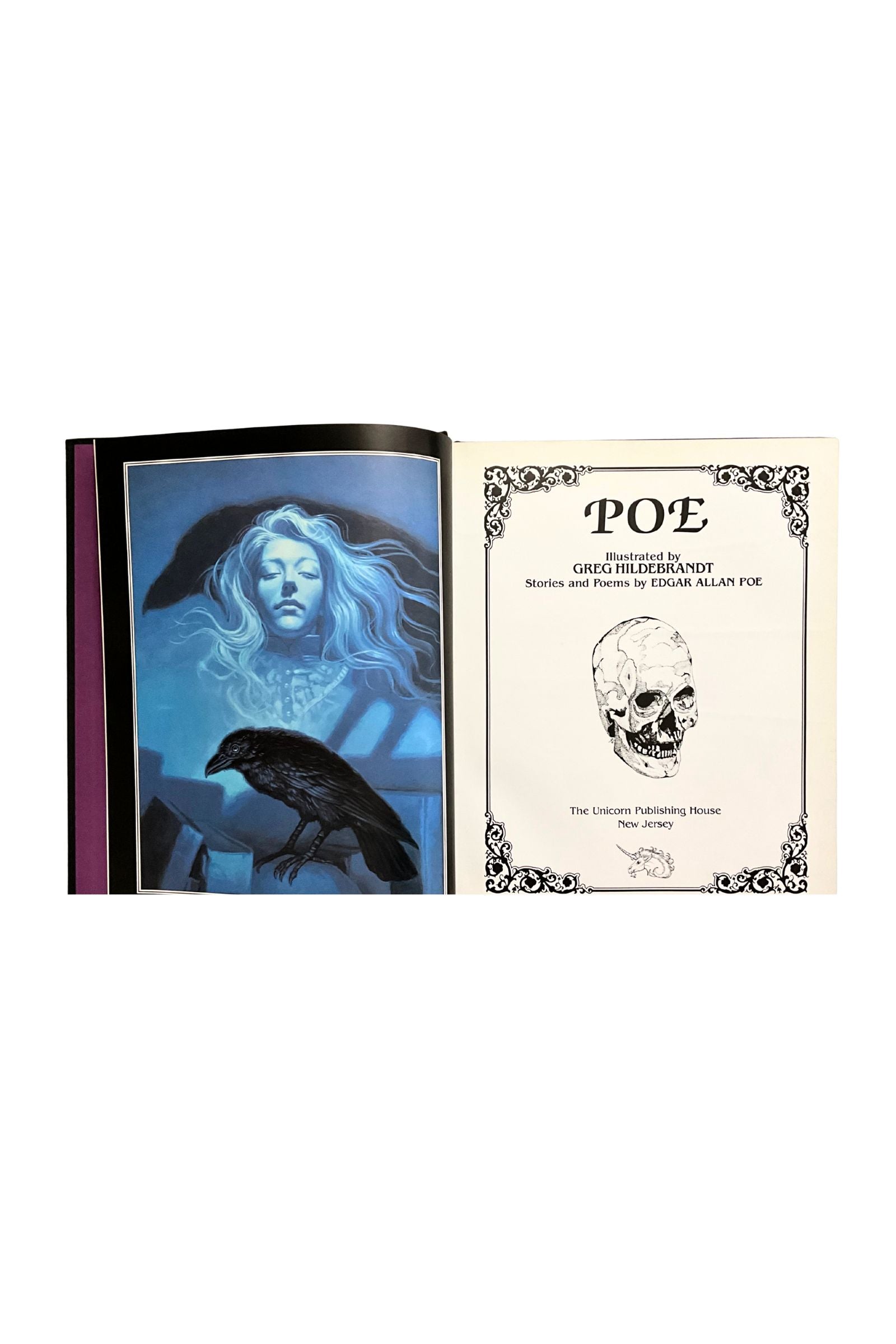 Open book with illustrations of a woman, raven, and skull on the left and the title on the right, shown on a white background