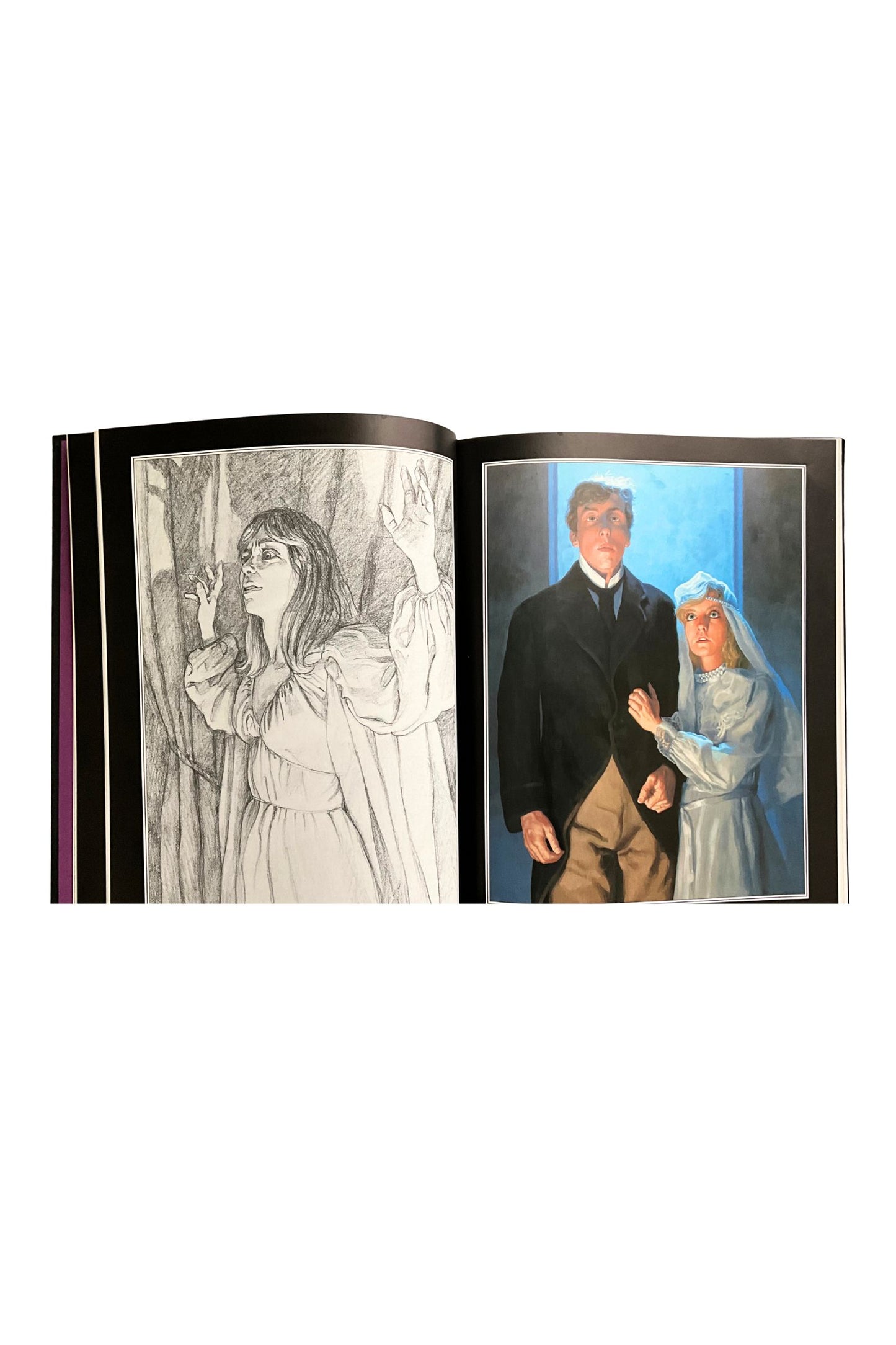 Open book showing illustrations of a couple in formal attire, and a black and white illustration on the left, on a white background