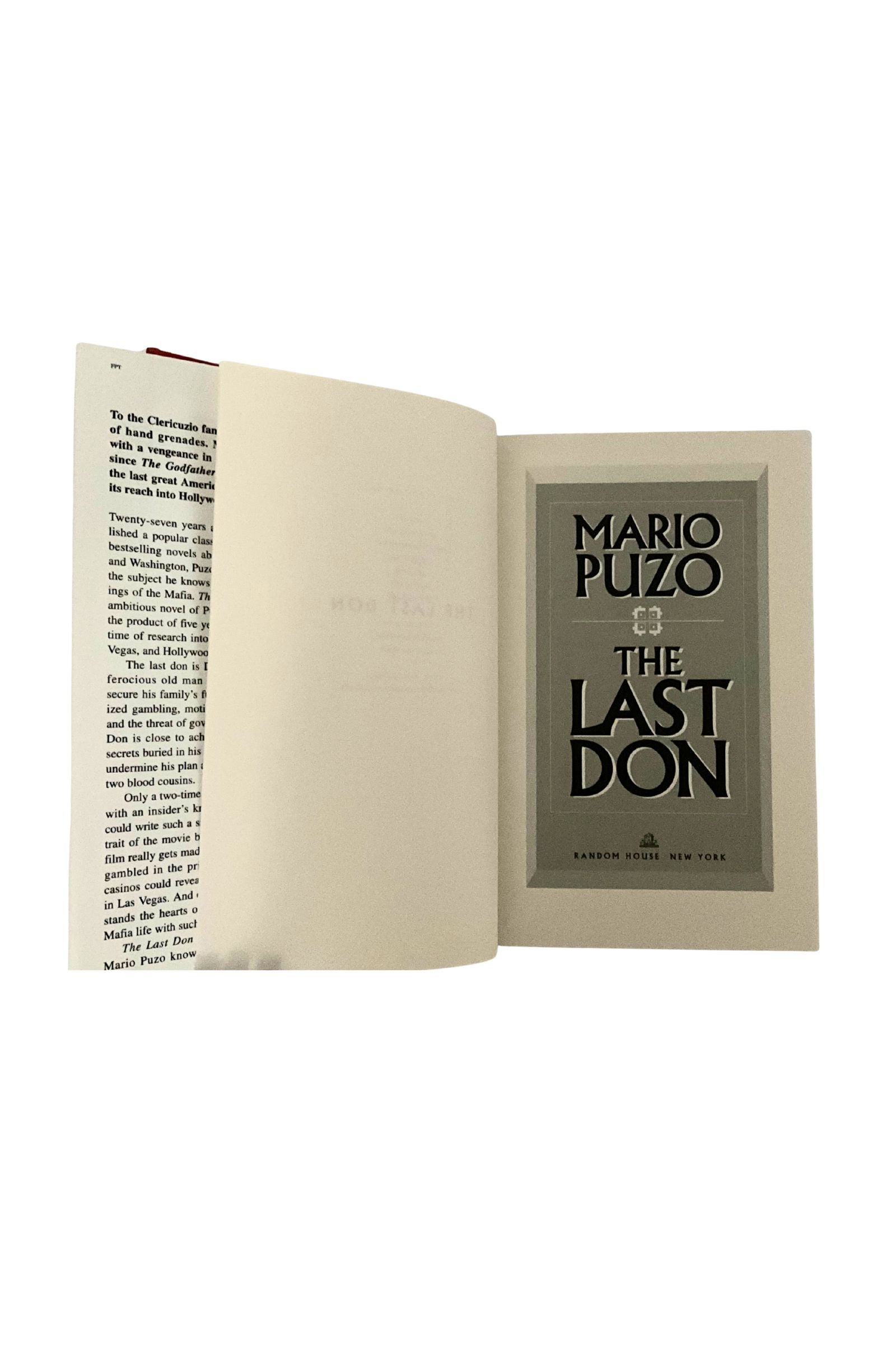Open book showing the title 'The Last Don' by Mario Puzo on a white background