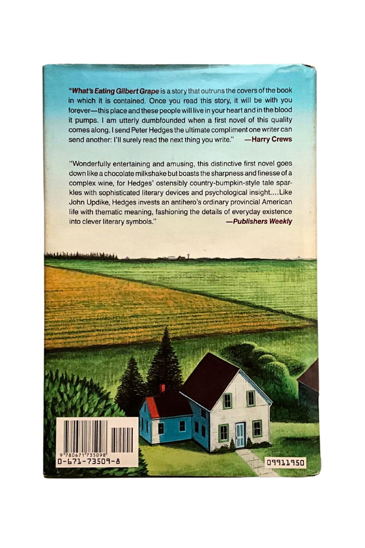 Book back cover with a scenic illustration of a house and fields, featuring text reviews.