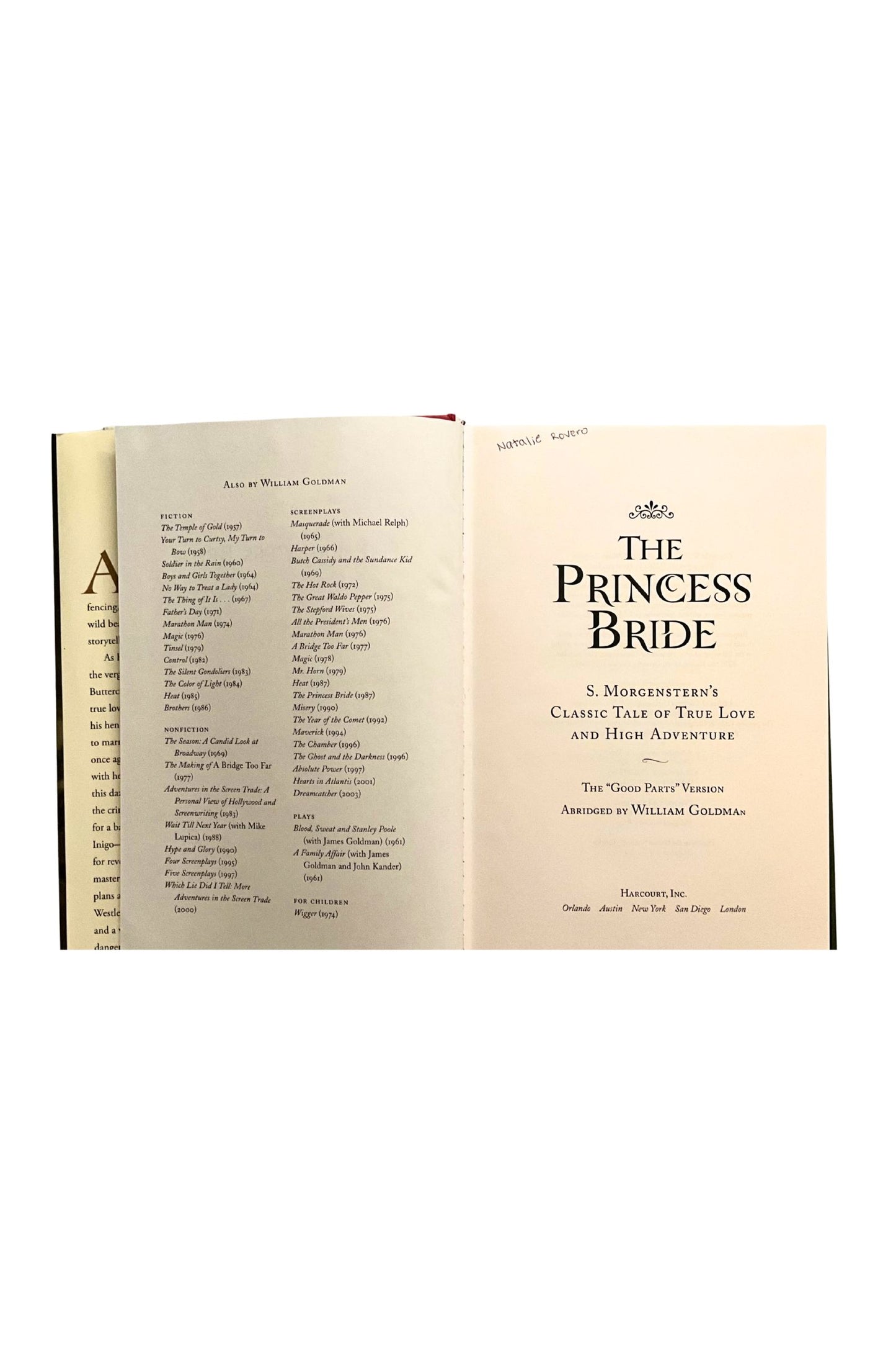 Open book displaying the title 'The Princess Bride' on a white background