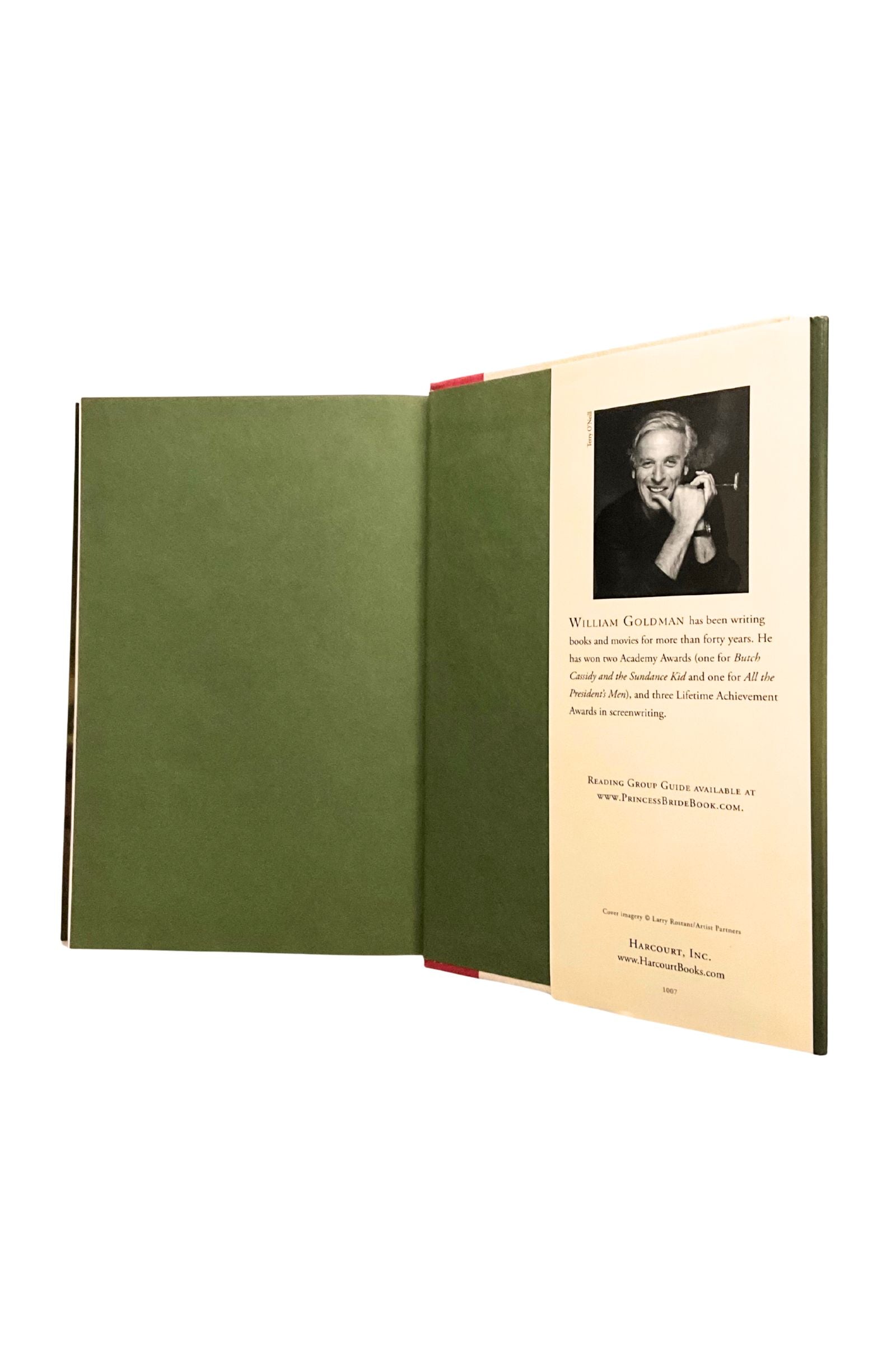 Open book with green cover and beige interior featuring a portrait of the author