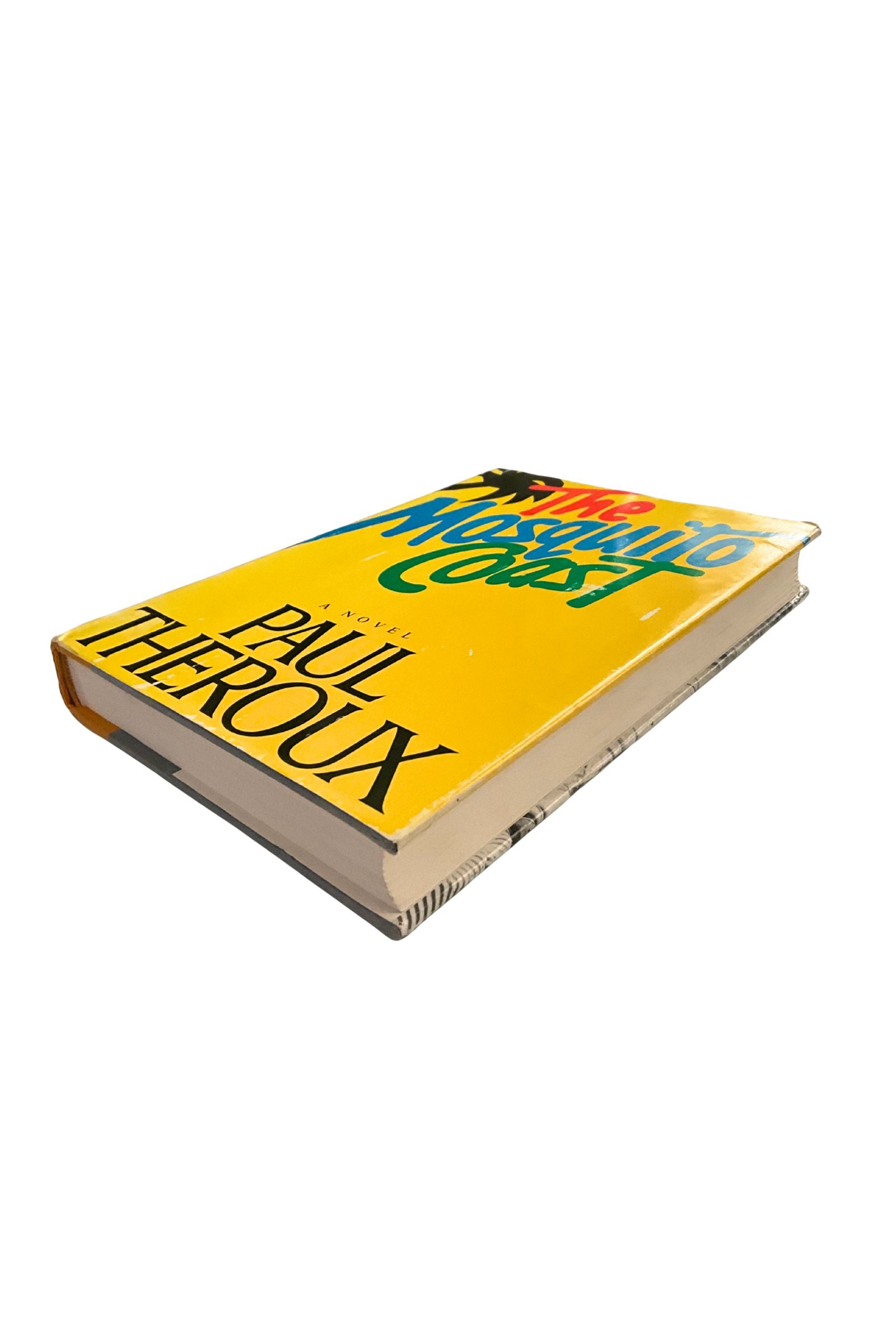 Book titled 'The Mosquito Coast' by Paul Theroux with a yellow cover on a white background