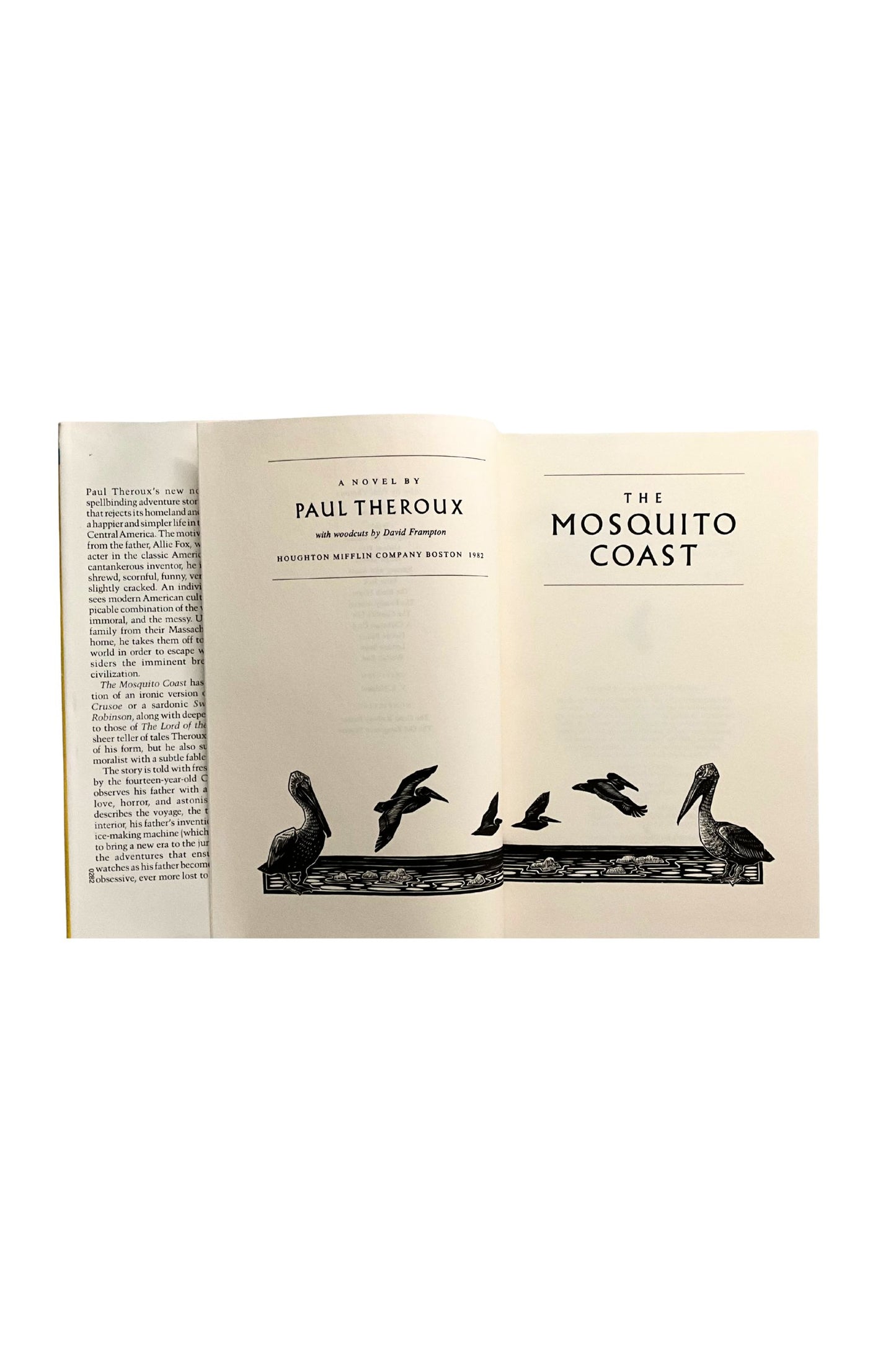 Open book with 'The Mosquito Coast' by Paul Theroux on a white background