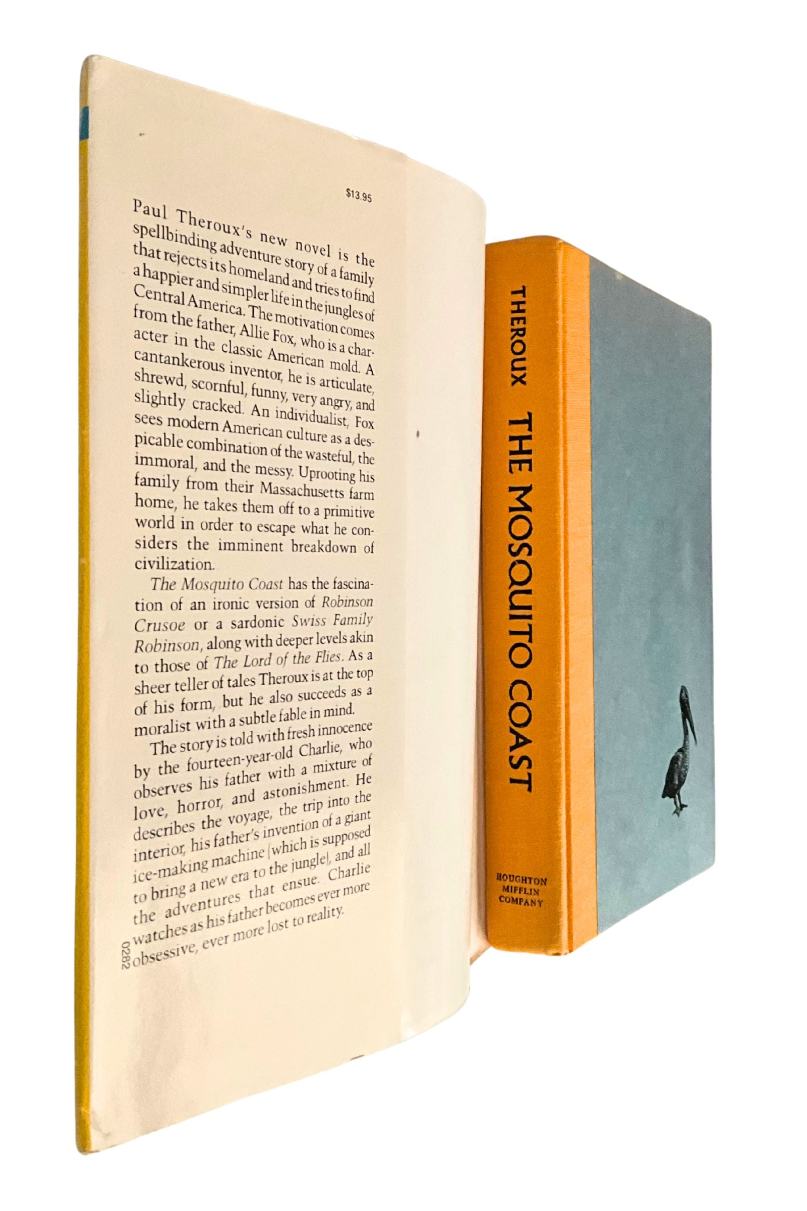 Book titled 'The Mosquito Coast showing the hardcover under the dust jaket