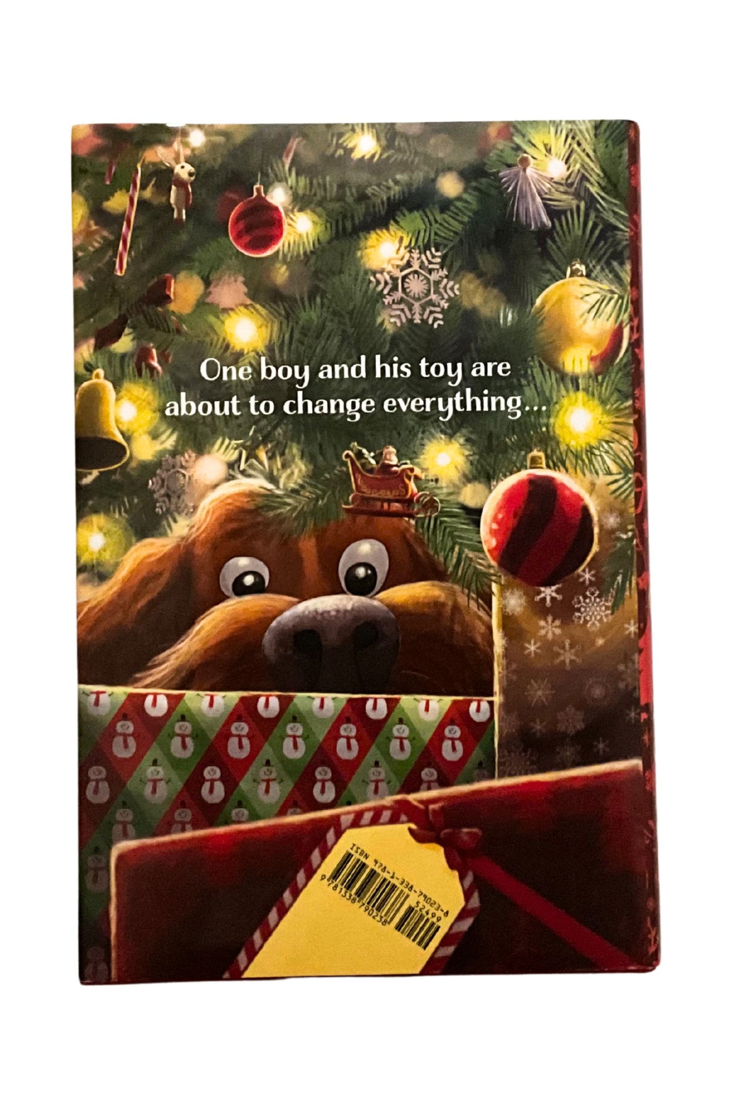 Book cover with a dog illustration and Christmas-themed background