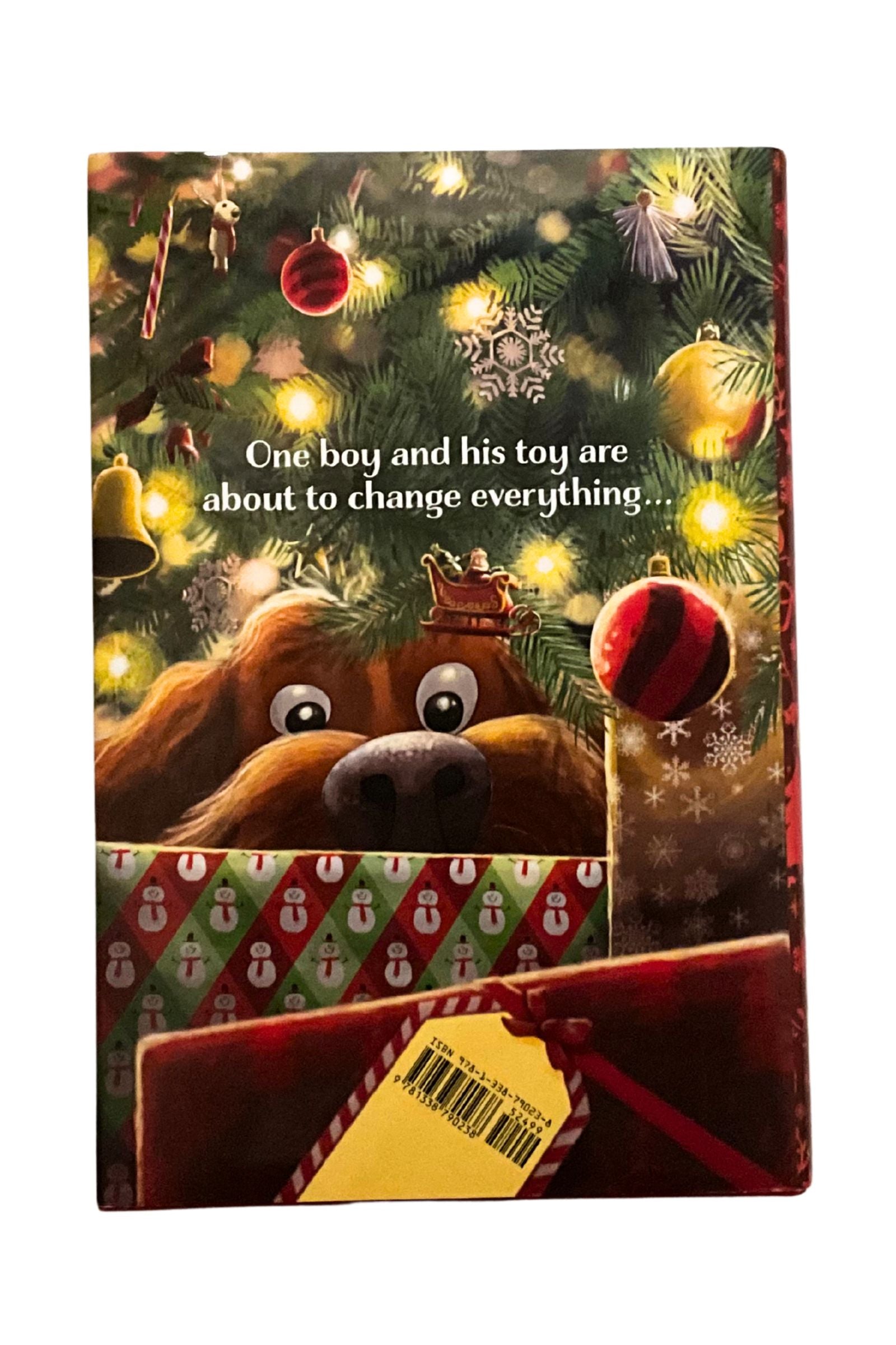 Book cover with a dog illustration and Christmas-themed background