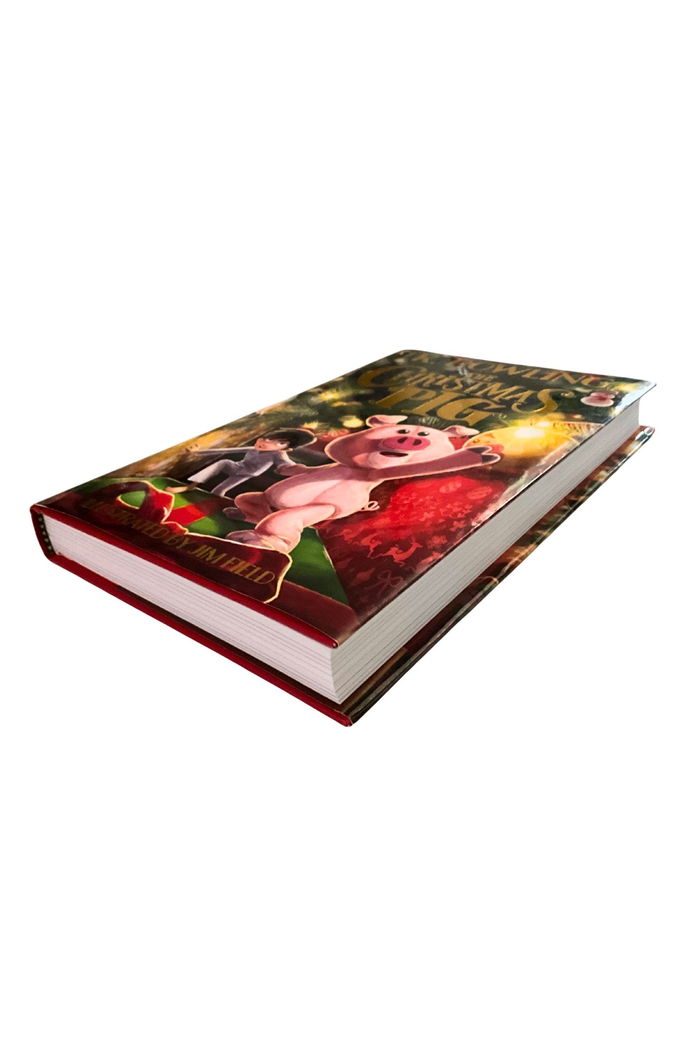 Book with a boy and a pig in a Christmas setting cover against a white background