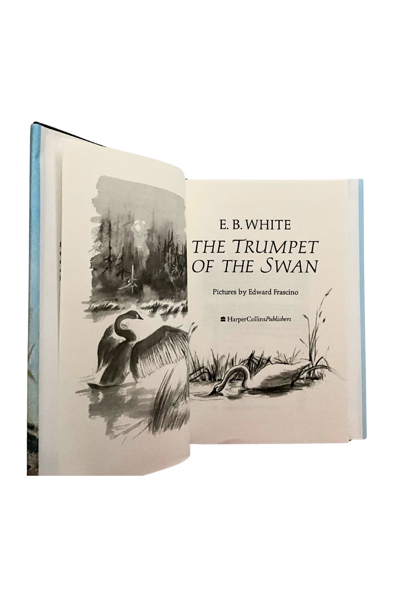 Book titled 'The Trumpet of the Swan' by E.B. White with illustrations on a white background