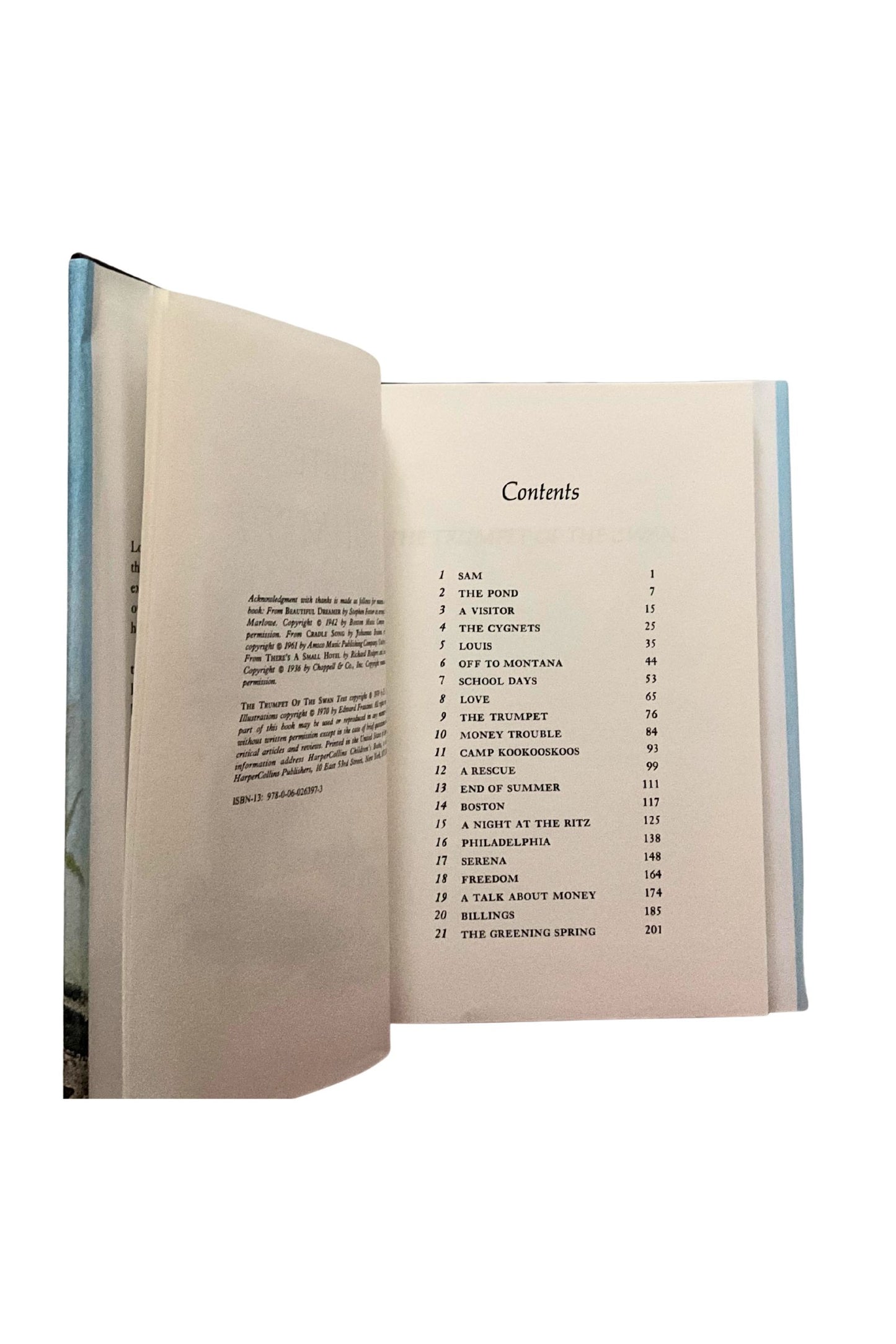 Open book showing a table of contents and copyright information  on a white background
