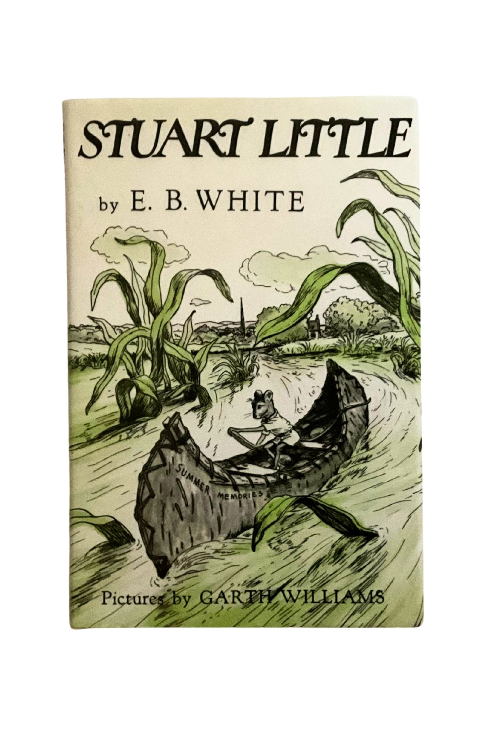 Book cover of 'Stuart Little' by E.B. White with illustrations of a mouse in a boat and corn stalks.