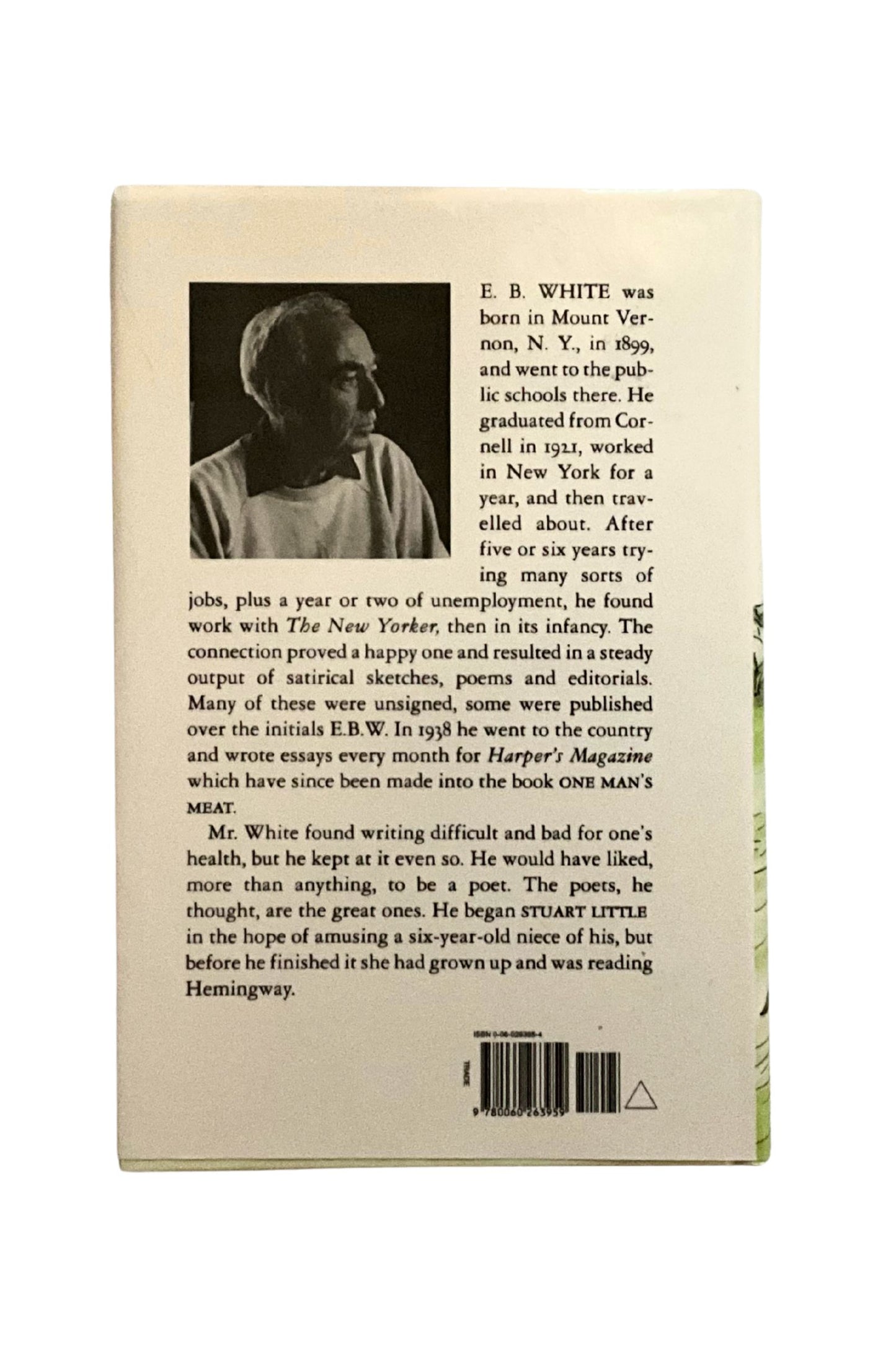 Book back cover with text and a photo of E.B. White