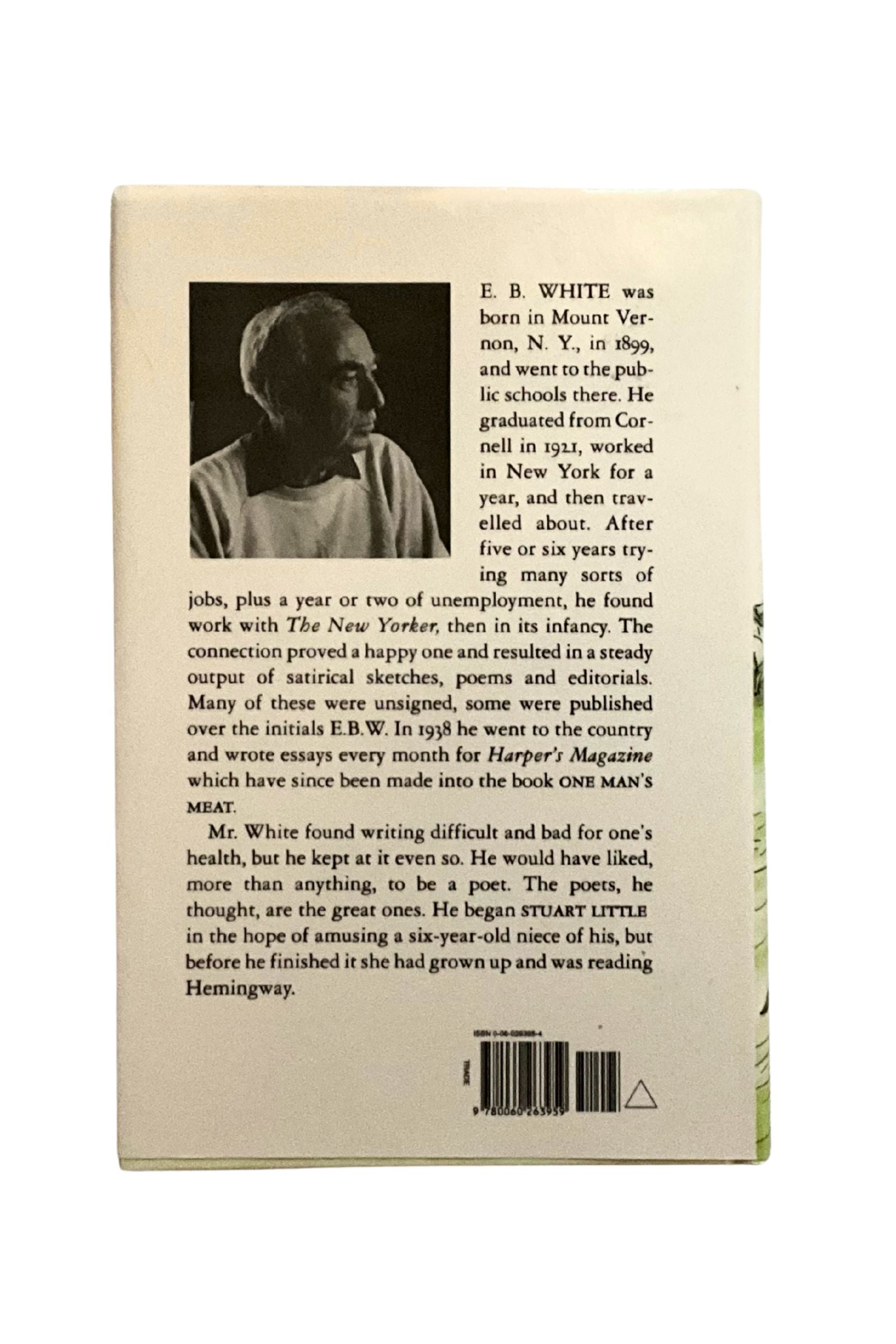 Book back cover with text and a photo of E.B. White