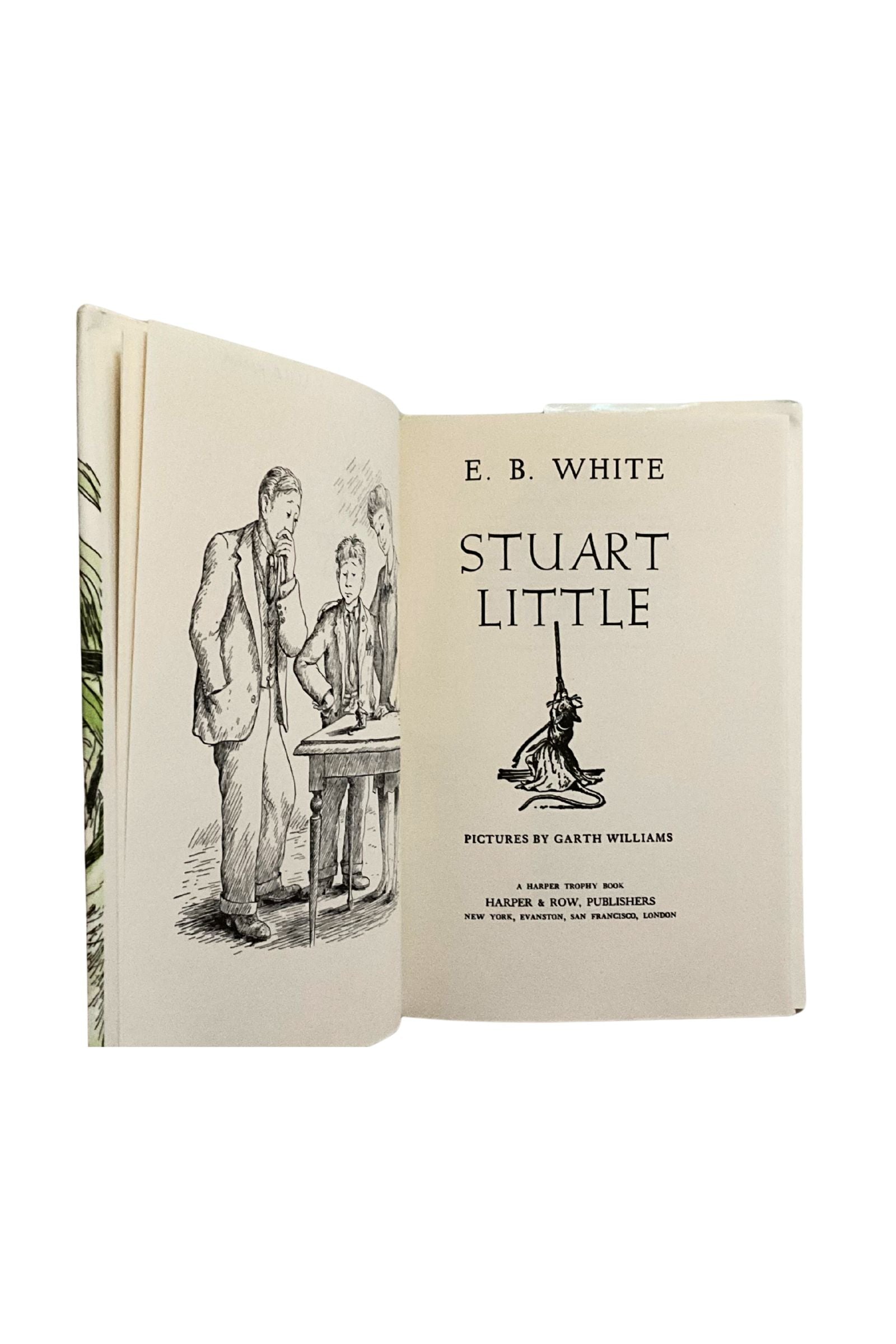 Open book of 'Stuart Little' by E.B. White with classic, old fashioned illustrations on a white background