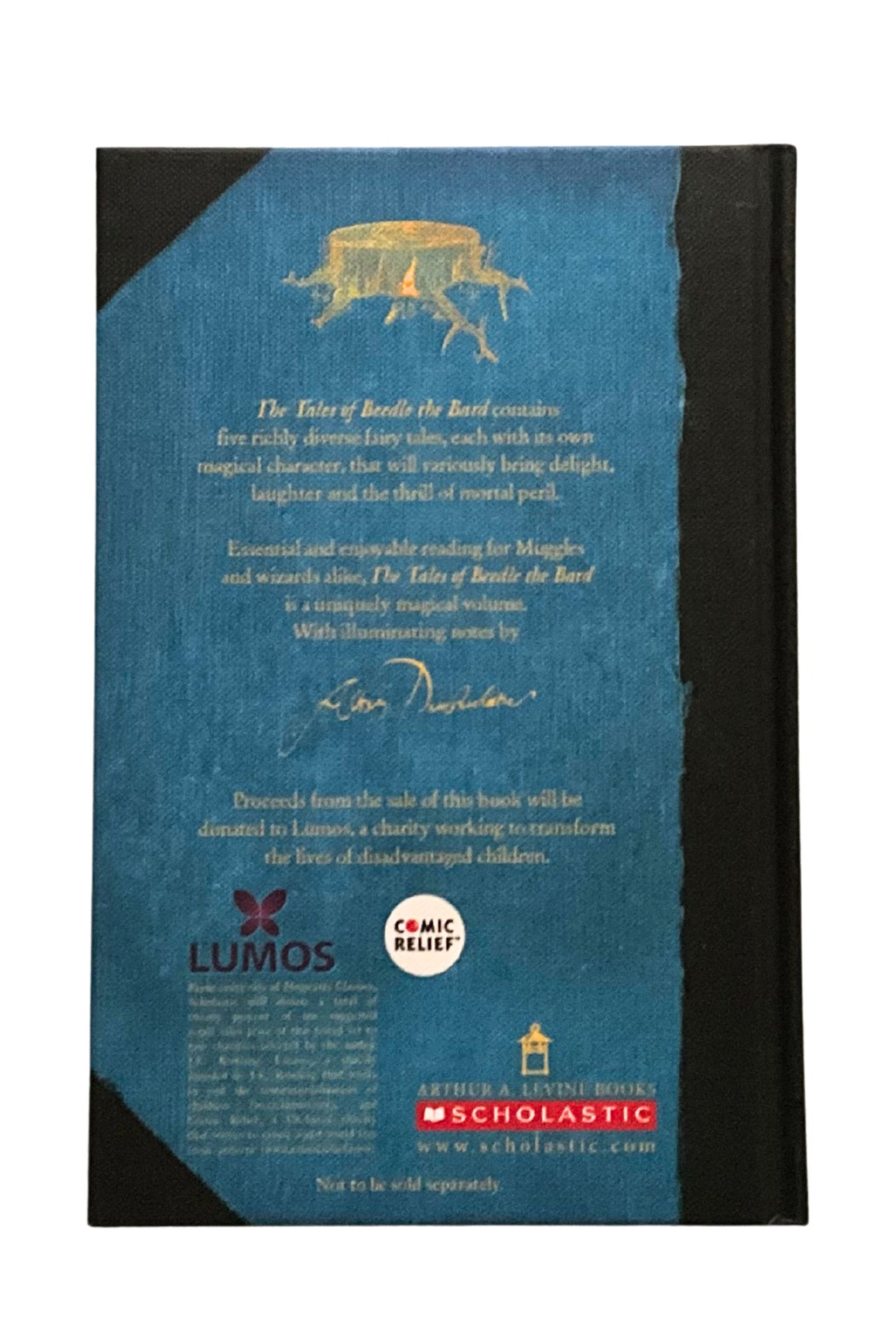 Back cover of ‘Tales of Beedle the Bard’ with text and logos on a blue and black background