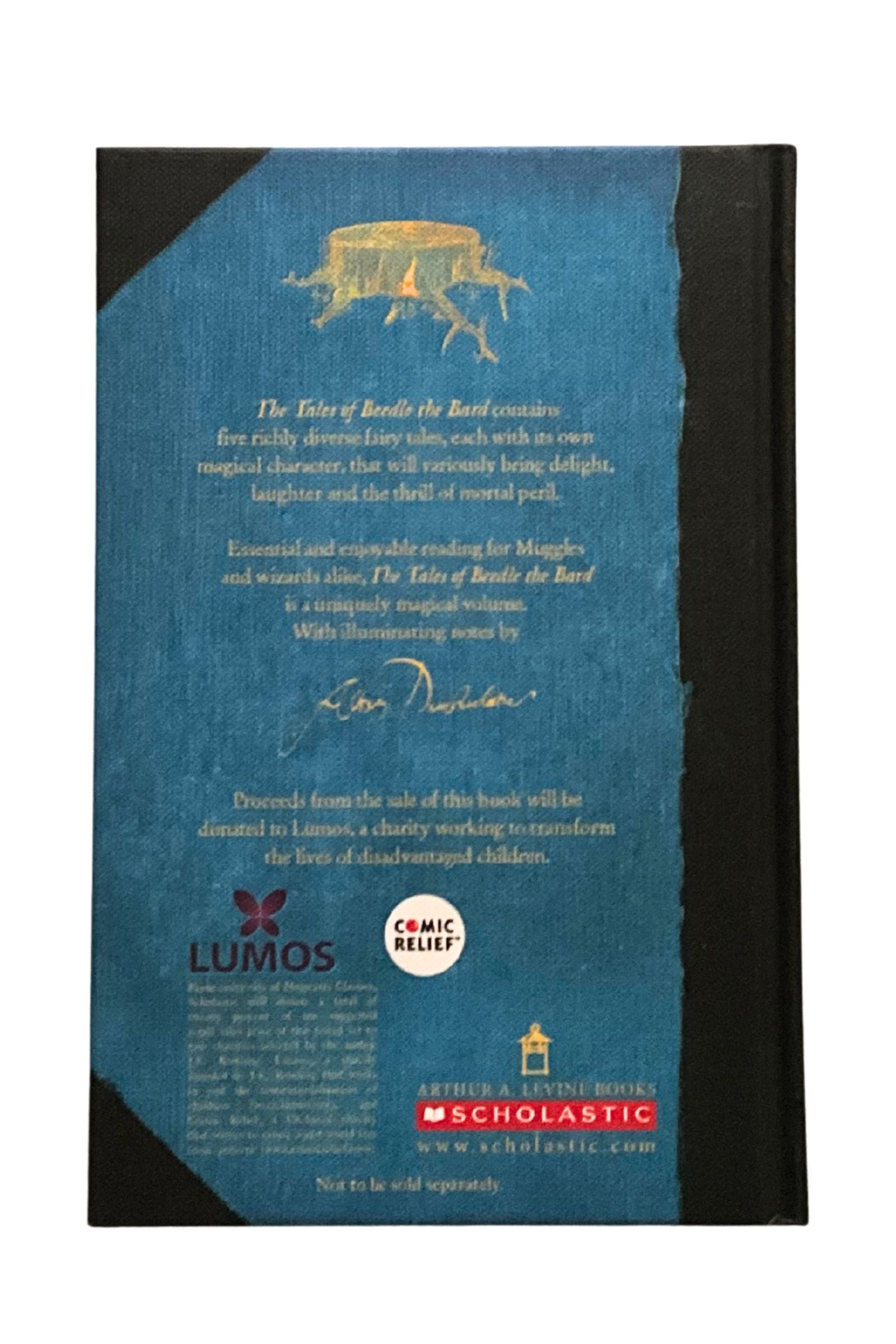 Back cover of ‘Tales of Beedle the Bard’ with text and logos on a blue and black background