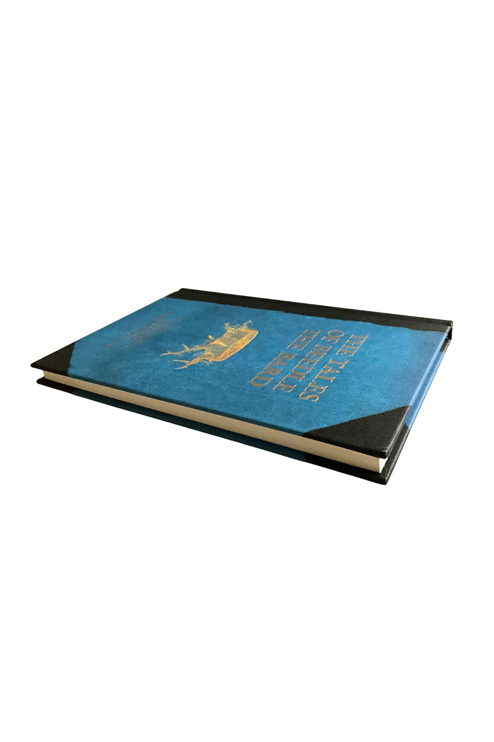 ‘Tales of Beedle the Bard’ bookwith gold text and design on a blue cover, shown on a white background
