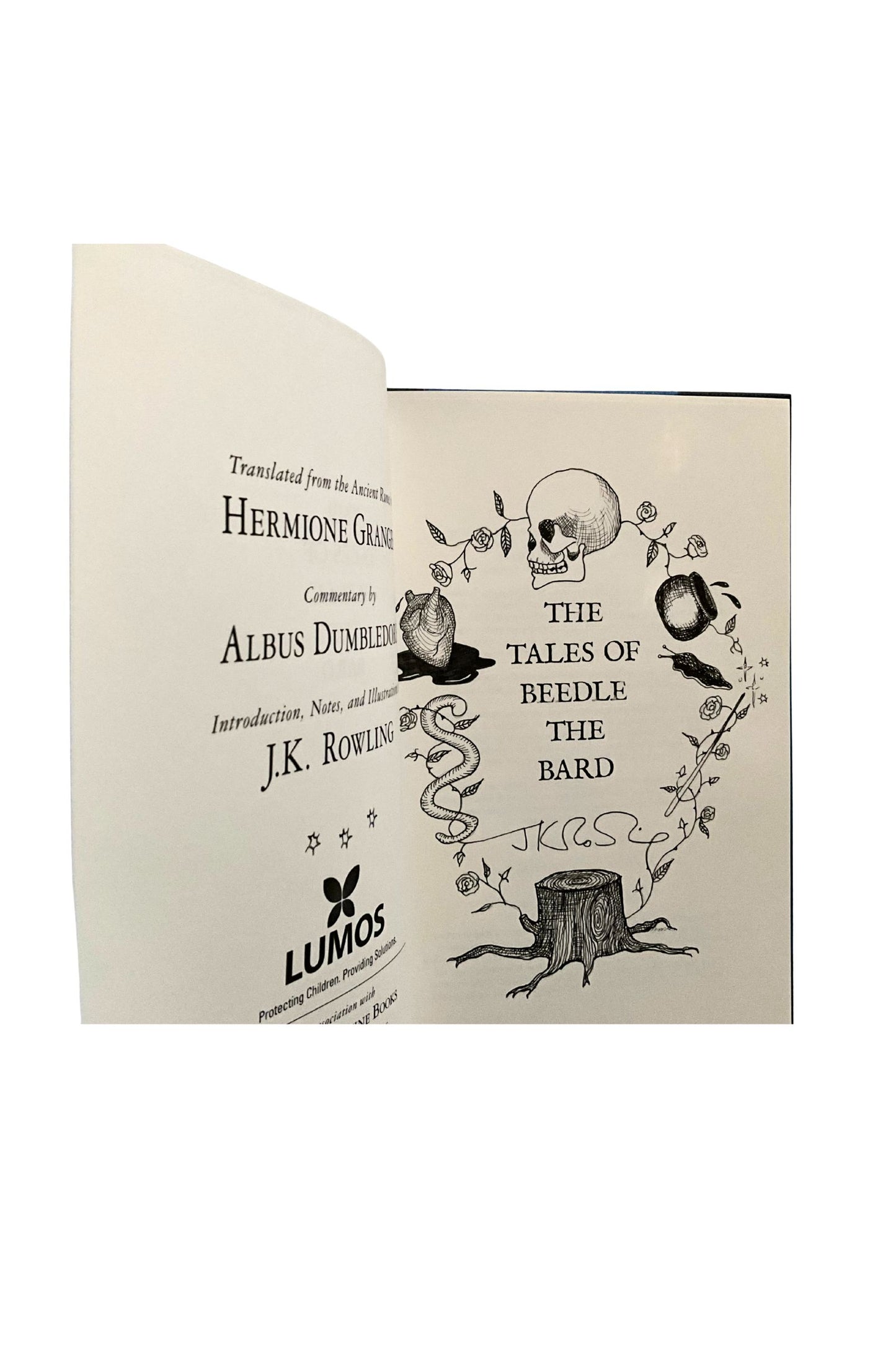 Open book with decorative text and illustrations on a white background