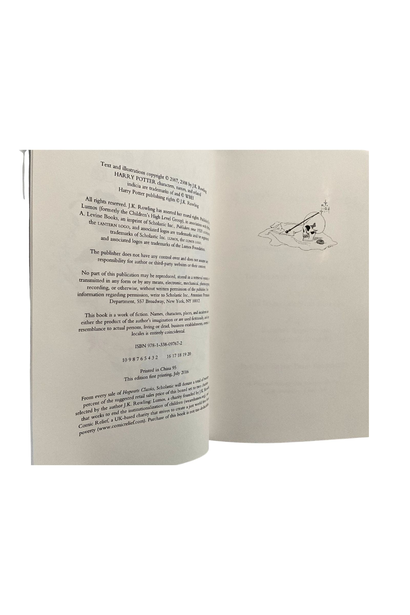 Open book showing copyright information  and a small illustration on a white background