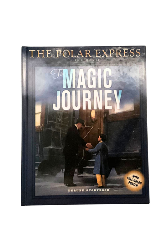 Front cover of ‘The Polar Express’ book featuring a full-color illustration of a boy and a train conductor beside a train