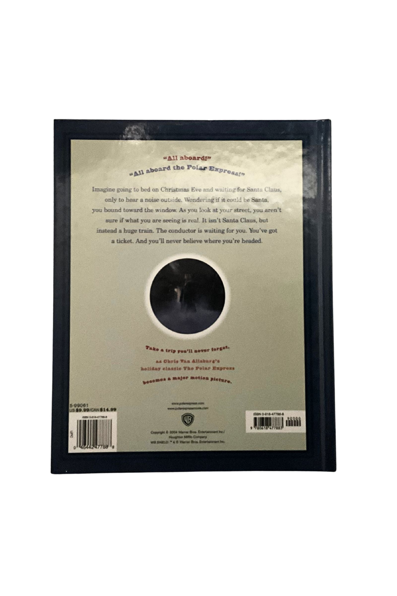 Back cover of ‘The Polar Express’  with text and a circular image on a white background