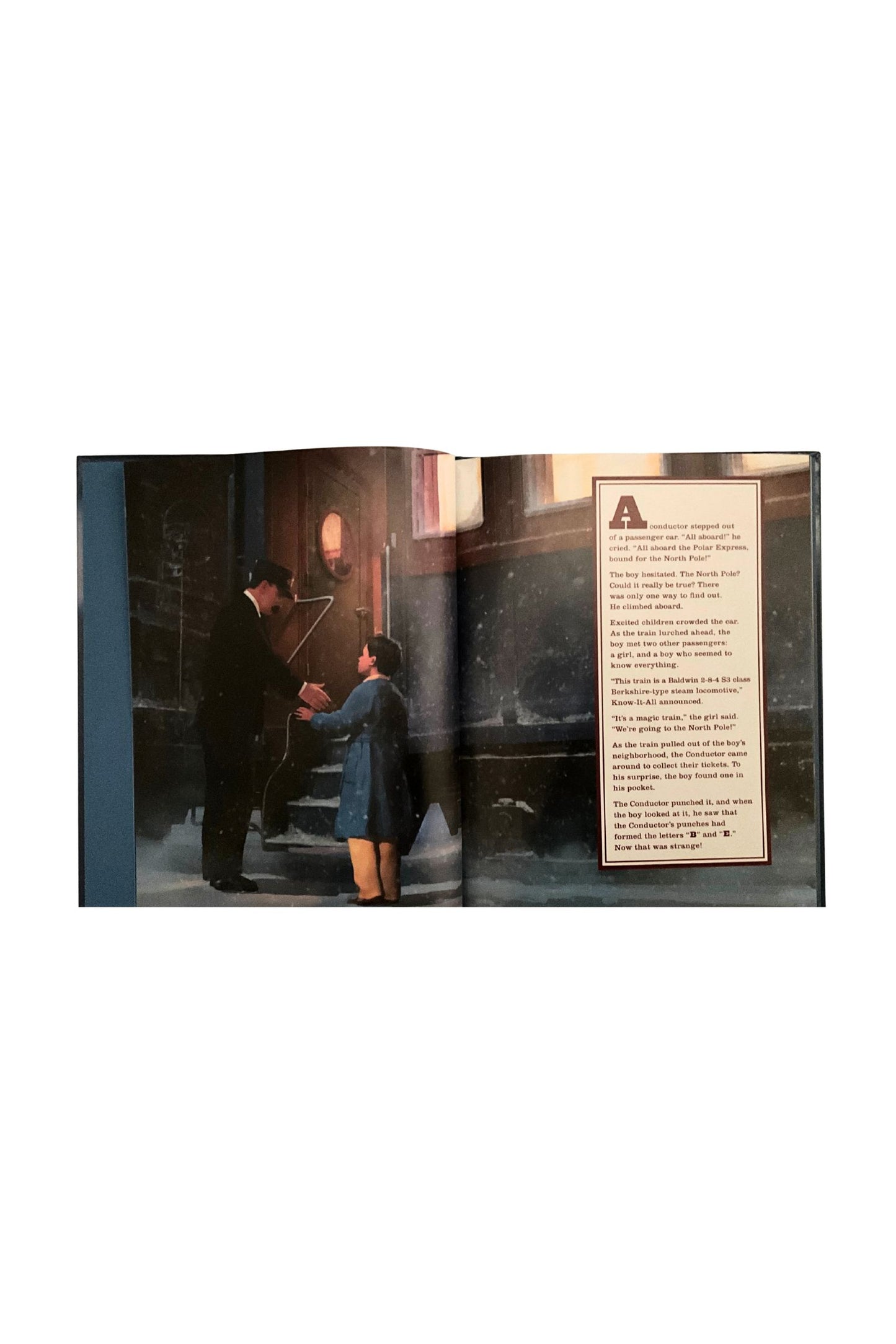 Open book showing a scene with two people and text on a white background