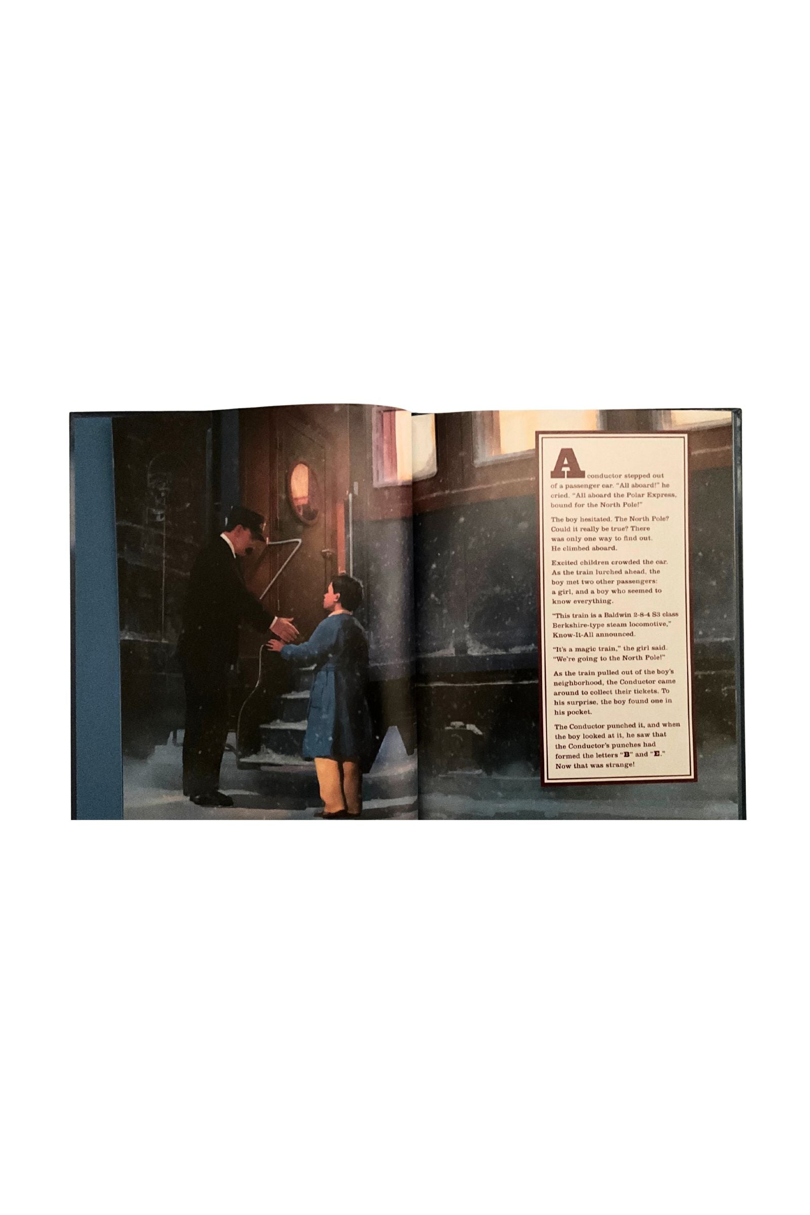 Open book showing a scene with two people and text on a white background