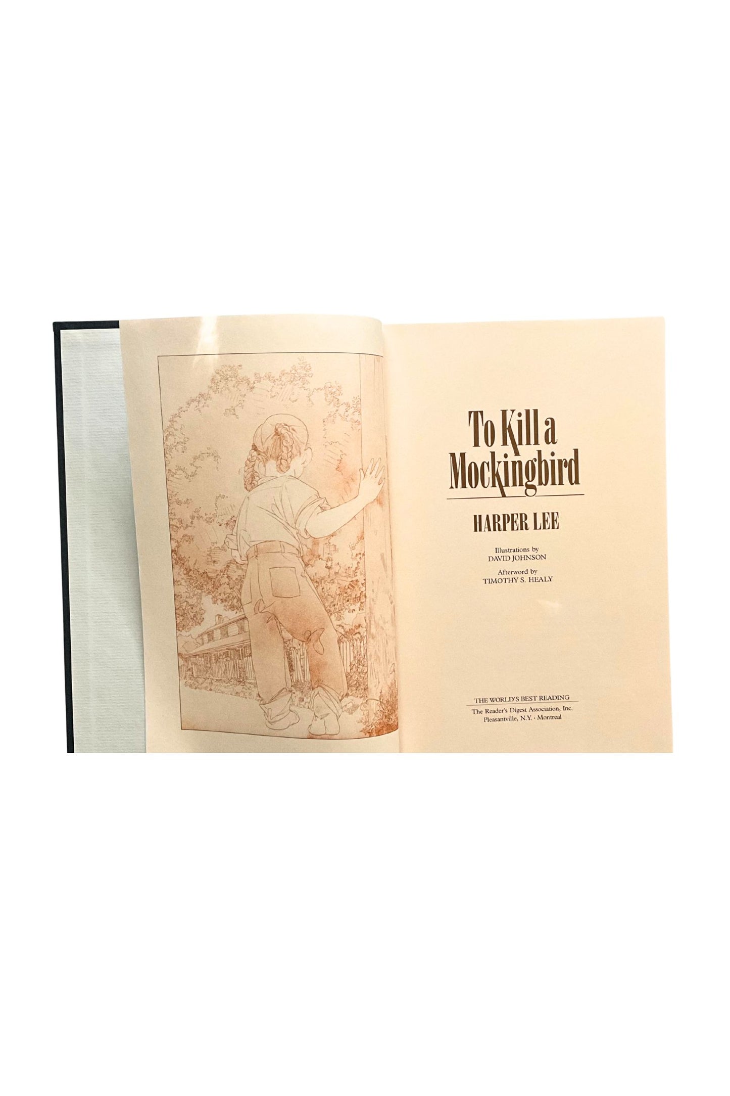 'To Kill a Mockingbird' book by Harper Lee, opened to show the title page, on a white background