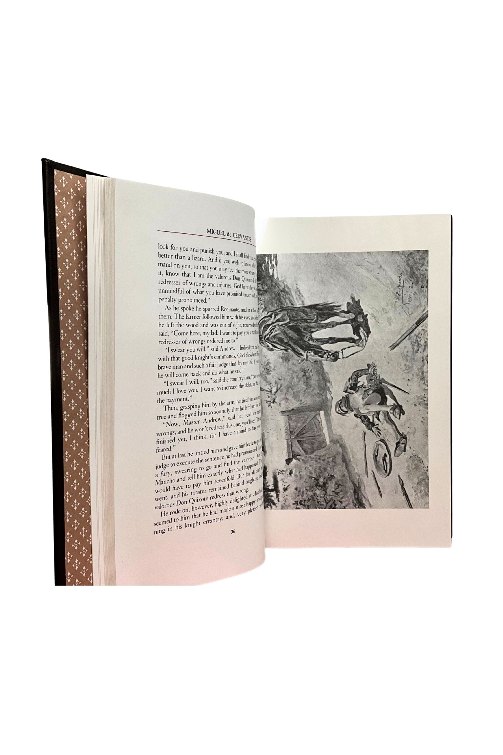 Open book with text and black and white illustrations on a white background