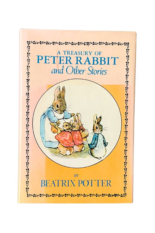 Book cover of 'A Treasury of Peter Rabbit and Other Stories' by Beatrix Potter with vintage illustrations of rabbits.