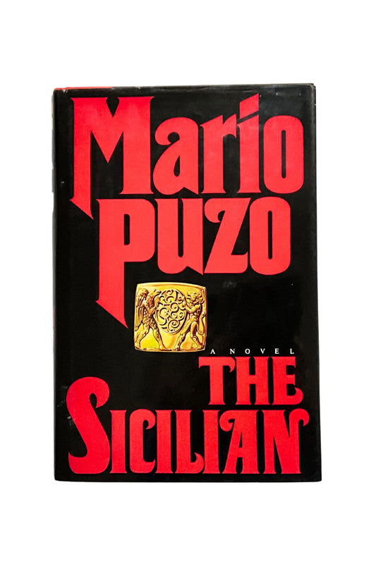 Book cover of 'The Sicilian' by Mario Puzo with red text on a black background