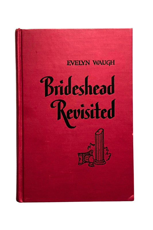 Red book titled 'Brideshead Revisited' by Evelyn Waugh on a white background