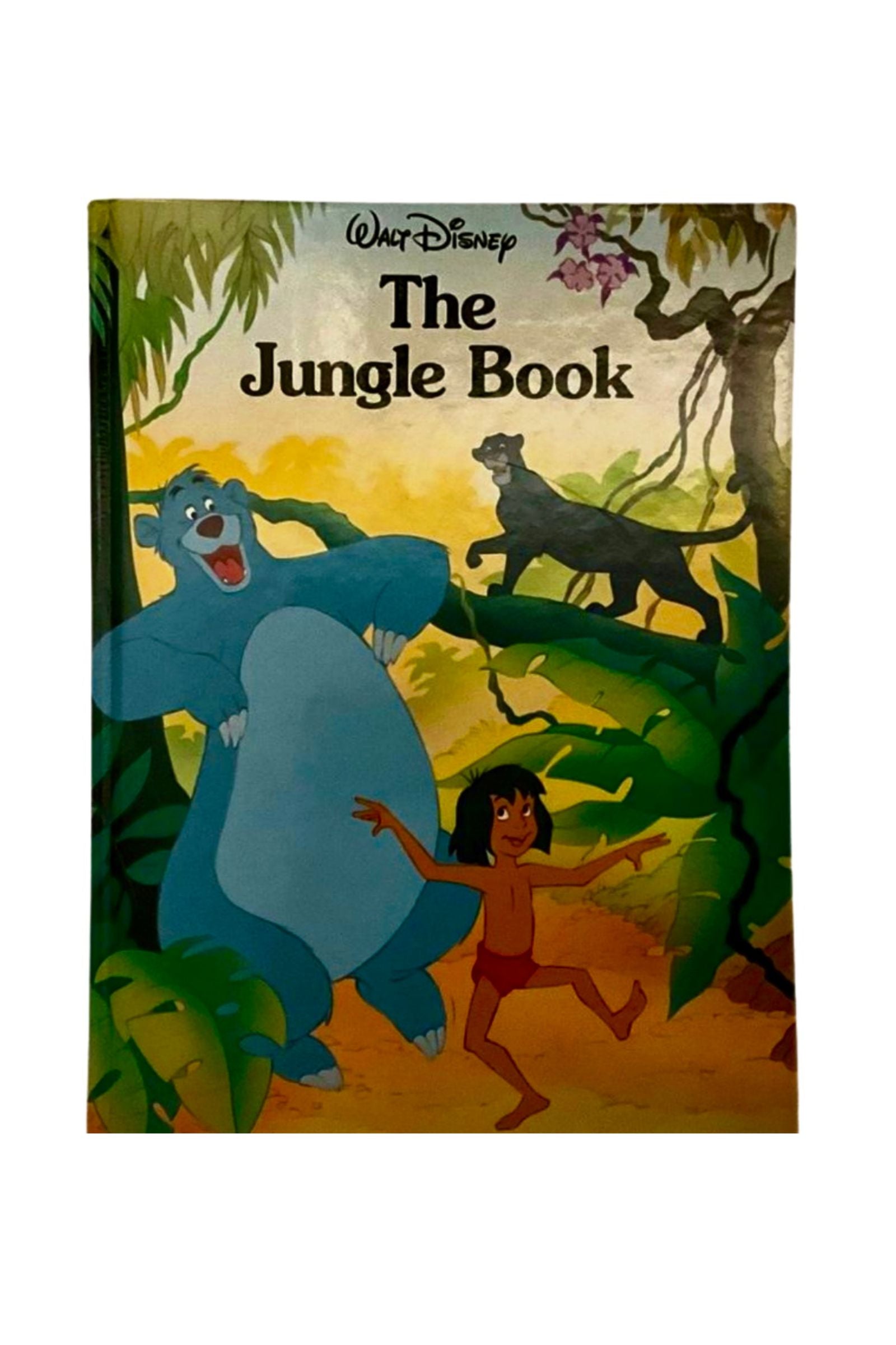 Vintage 'The Jungle Book' book cover with Mowgli, Baloo, and Bagheera in a jungle setting.