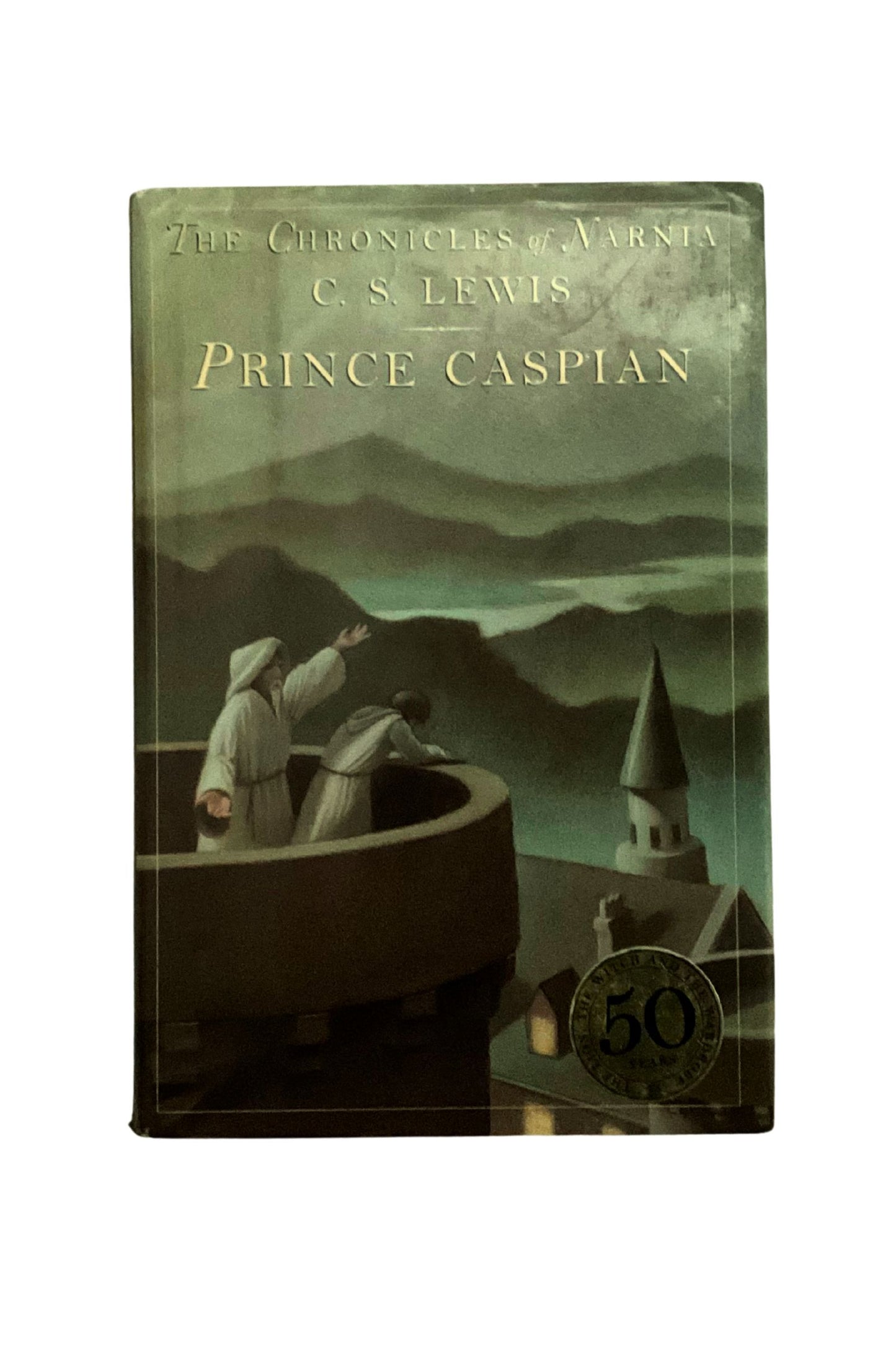 Book cover of 'Prince Caspian' by C.S. Lewis with a mountainous landscape and two figures on a tower