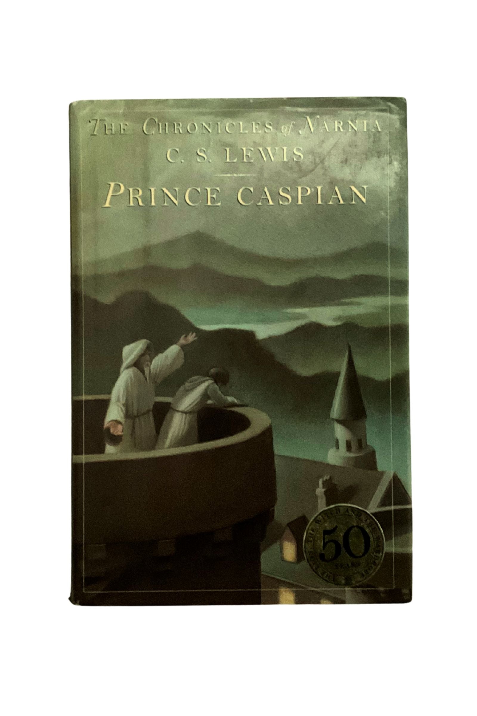 Book cover of 'Prince Caspian' by C.S. Lewis with a mountainous landscape and two figures on a tower