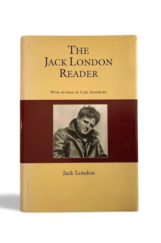 Book cover of 'The Jack London Reader' with a portrait of Jack London on a yellow  background
