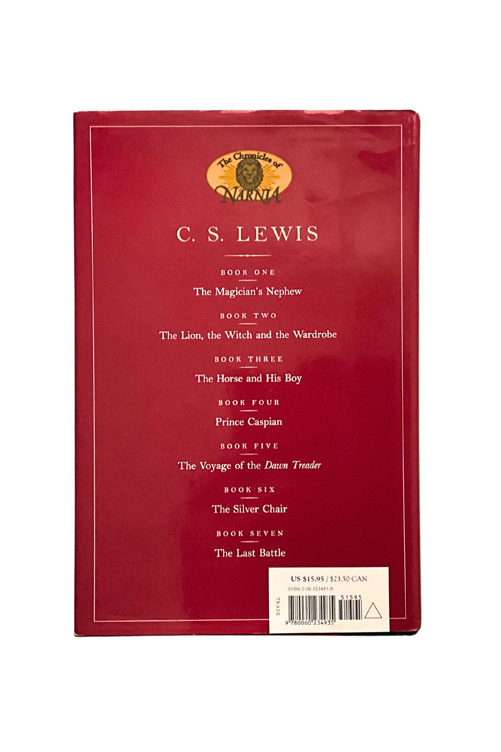 Back cover with C. S. Lewis book titles listed on a white background