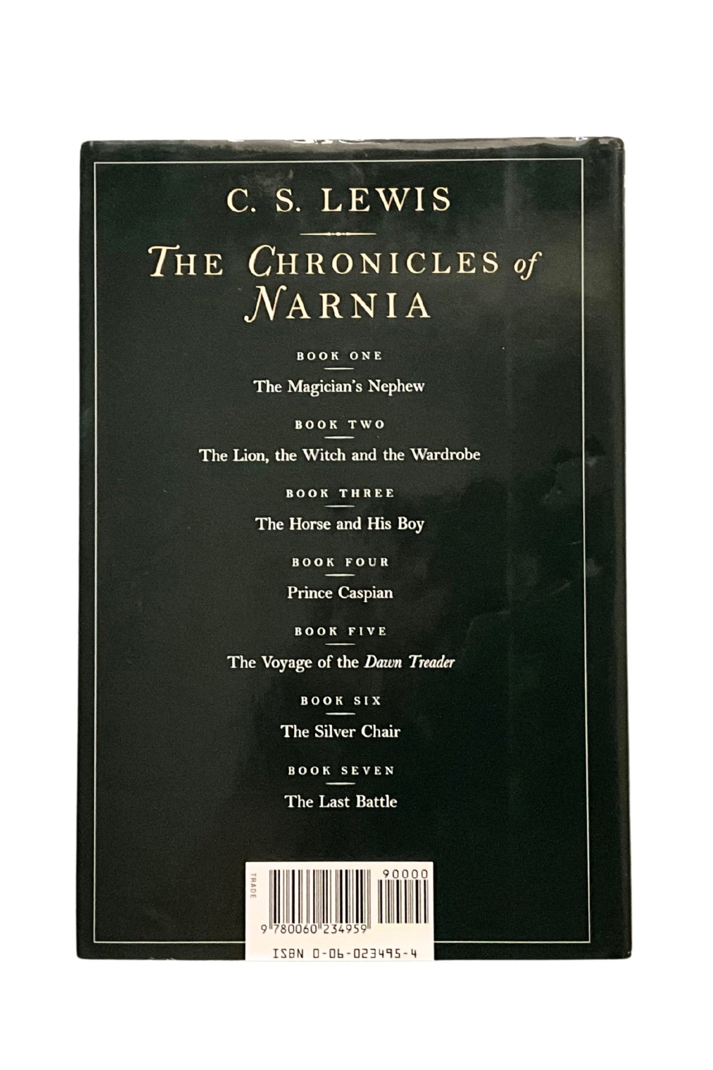 Back cover of ‘The Siver Chair’ book  with every title in the ‘Narnia’ series listed